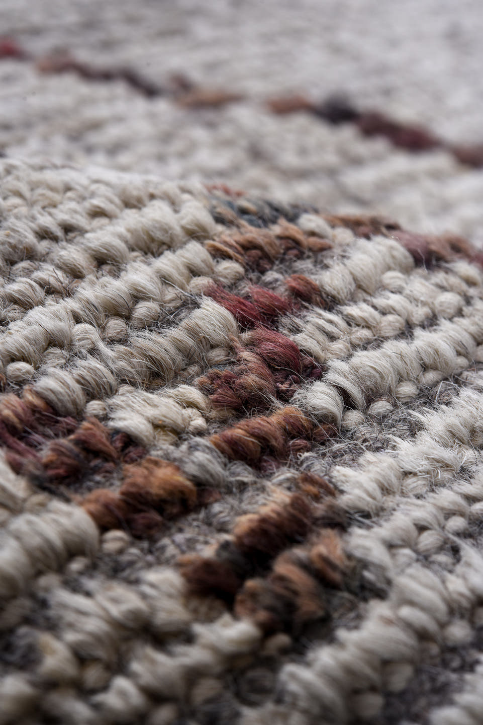 8' x 9' one-of-a-kind handmade vintage Tulu rug. Color palette: ivory, taupe, terra cotta, charcoal, slate, faded blue