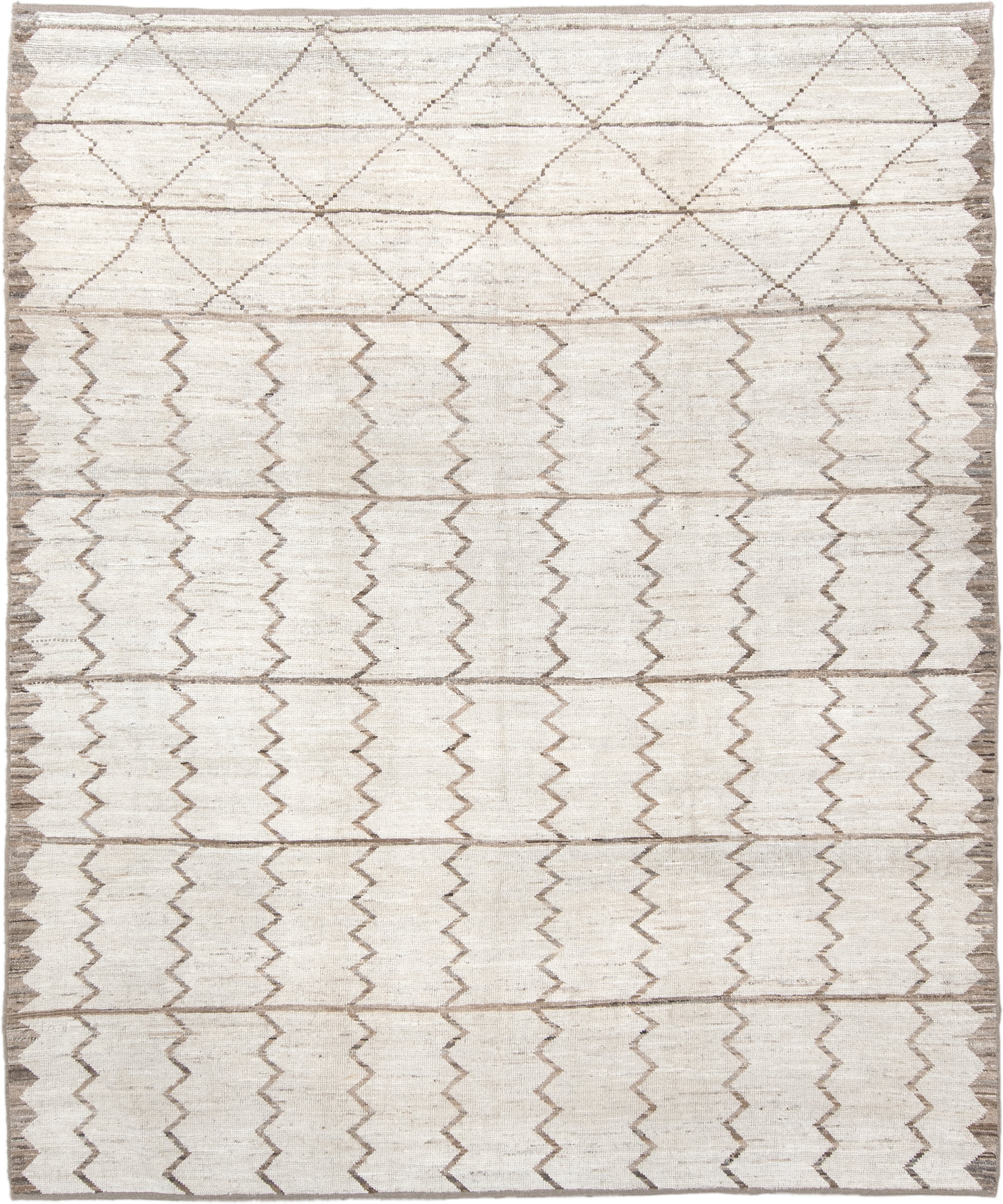 8' x 9' one-of-a-kind handmade vintage Tulu rug. Color palette: ivory, taupe, beige, cream, gray