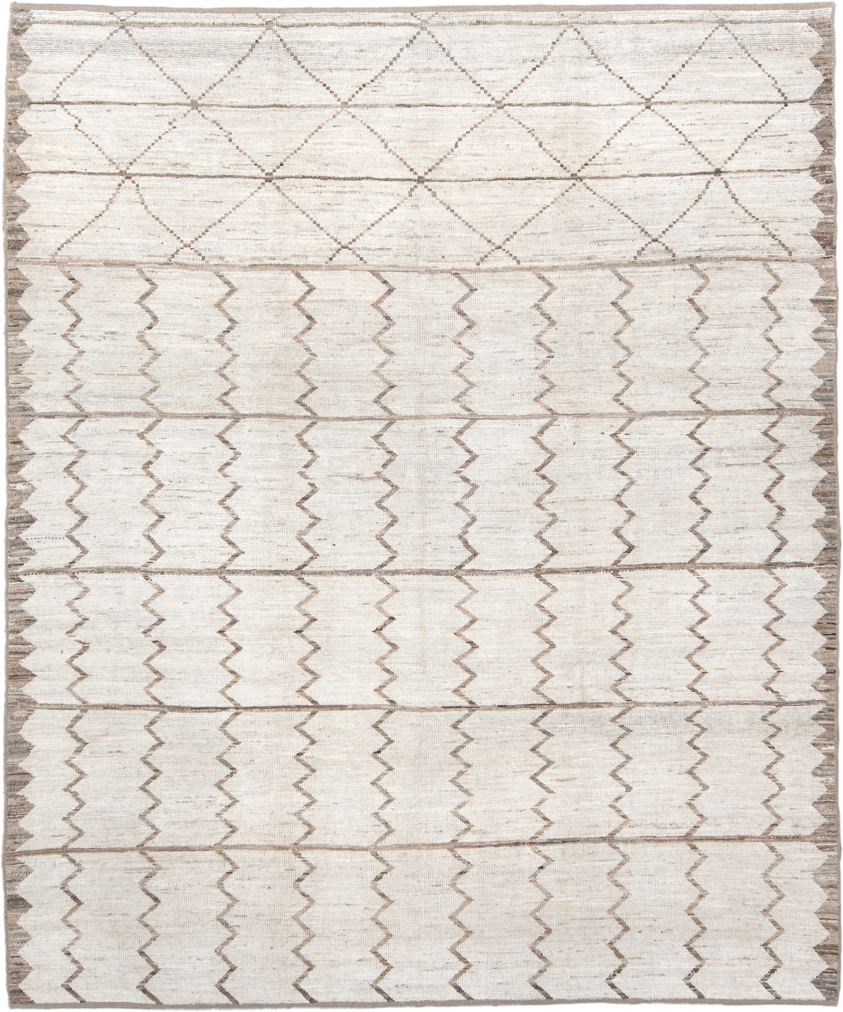 8' x 9' one-of-a-kind handmade vintage Tulu rug. Color palette: ivory, taupe, beige, cream, gray