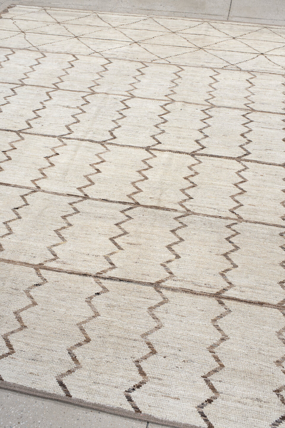 8' x 9' one-of-a-kind handmade vintage Tulu rug. Color palette: ivory, taupe, beige, cream, gray