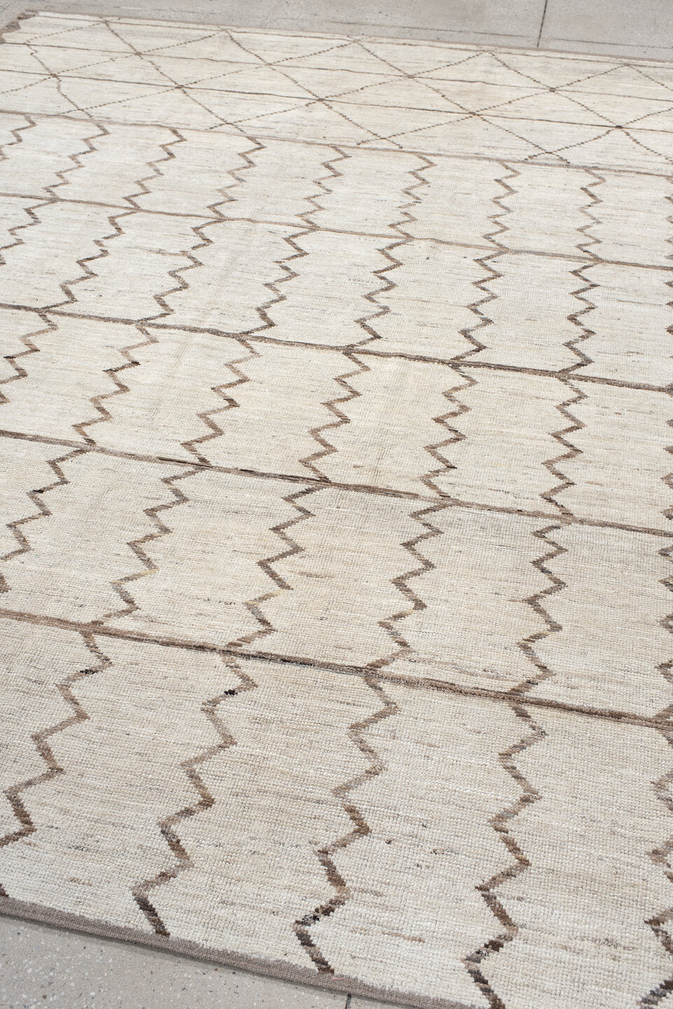 8' x 9' one-of-a-kind handmade vintage Tulu rug. Color palette: ivory, taupe, beige, cream, gray