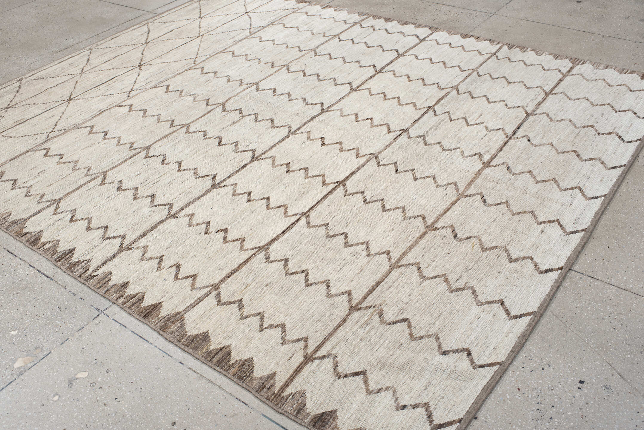 8' x 9' one-of-a-kind handmade vintage Tulu rug. Color palette: ivory, taupe, beige, cream, gray