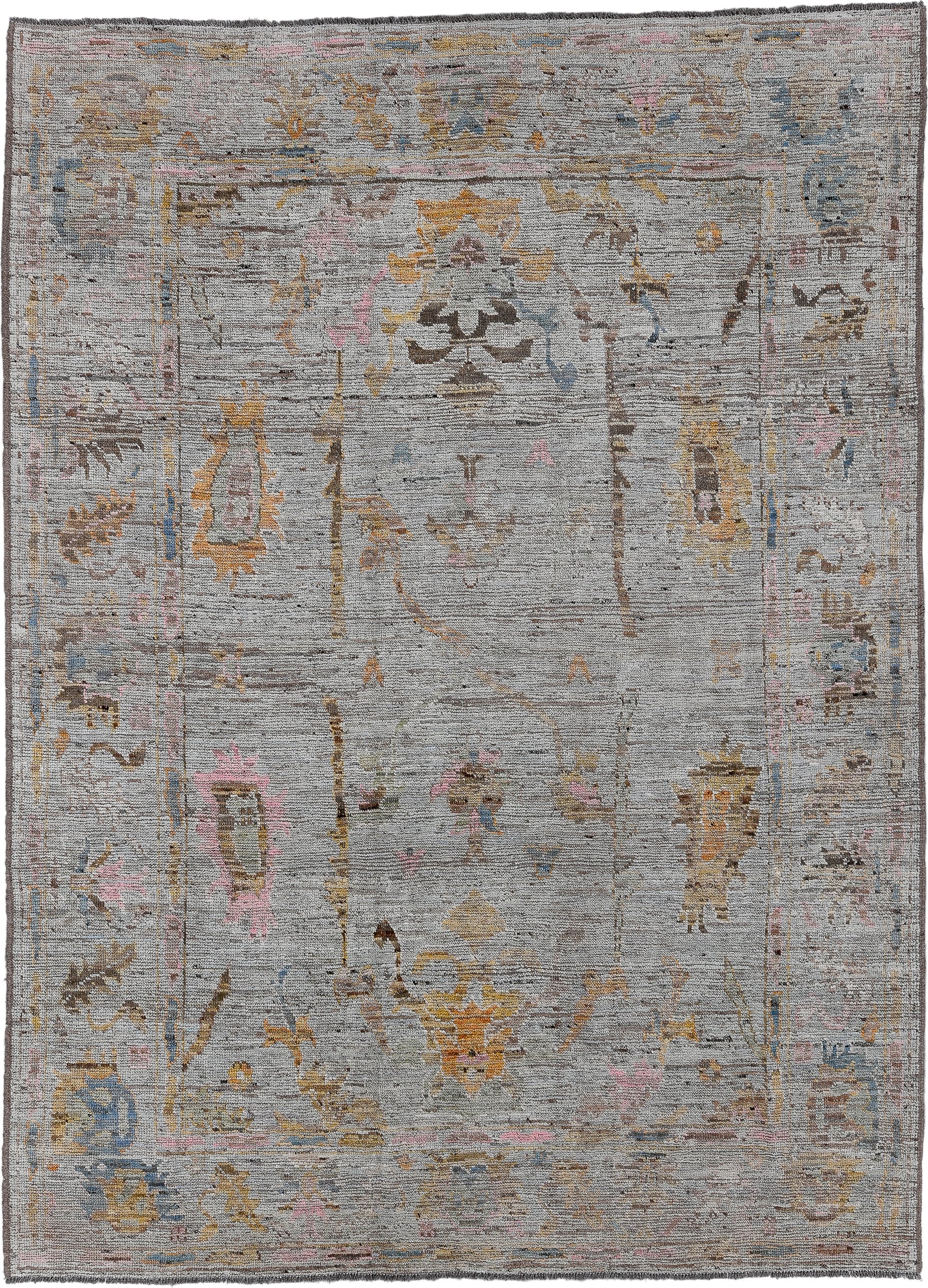 7' x 9' one-of-a-kind handmade vintage Oushak rug. Color palette: gray, taupe, gold, blush, blue, brown, ivory, beige, pink