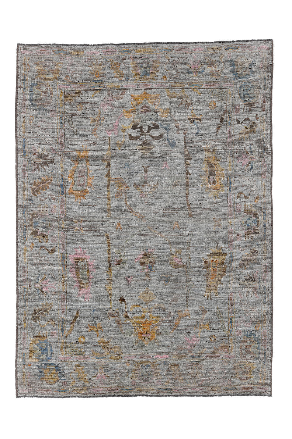 7' x 9' one-of-a-kind handmade vintage Oushak rug. Color palette: black, brown, charcoal, dim gray, gray, light gray