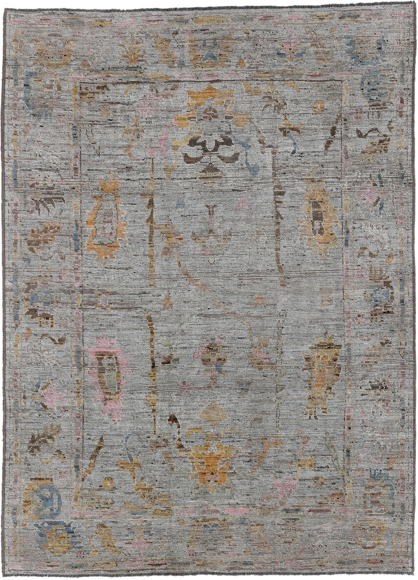 7' x 9' one-of-a-kind handmade vintage Oushak rug. Color palette: gray, taupe, gold, blush, blue, brown, ivory, beige, pink