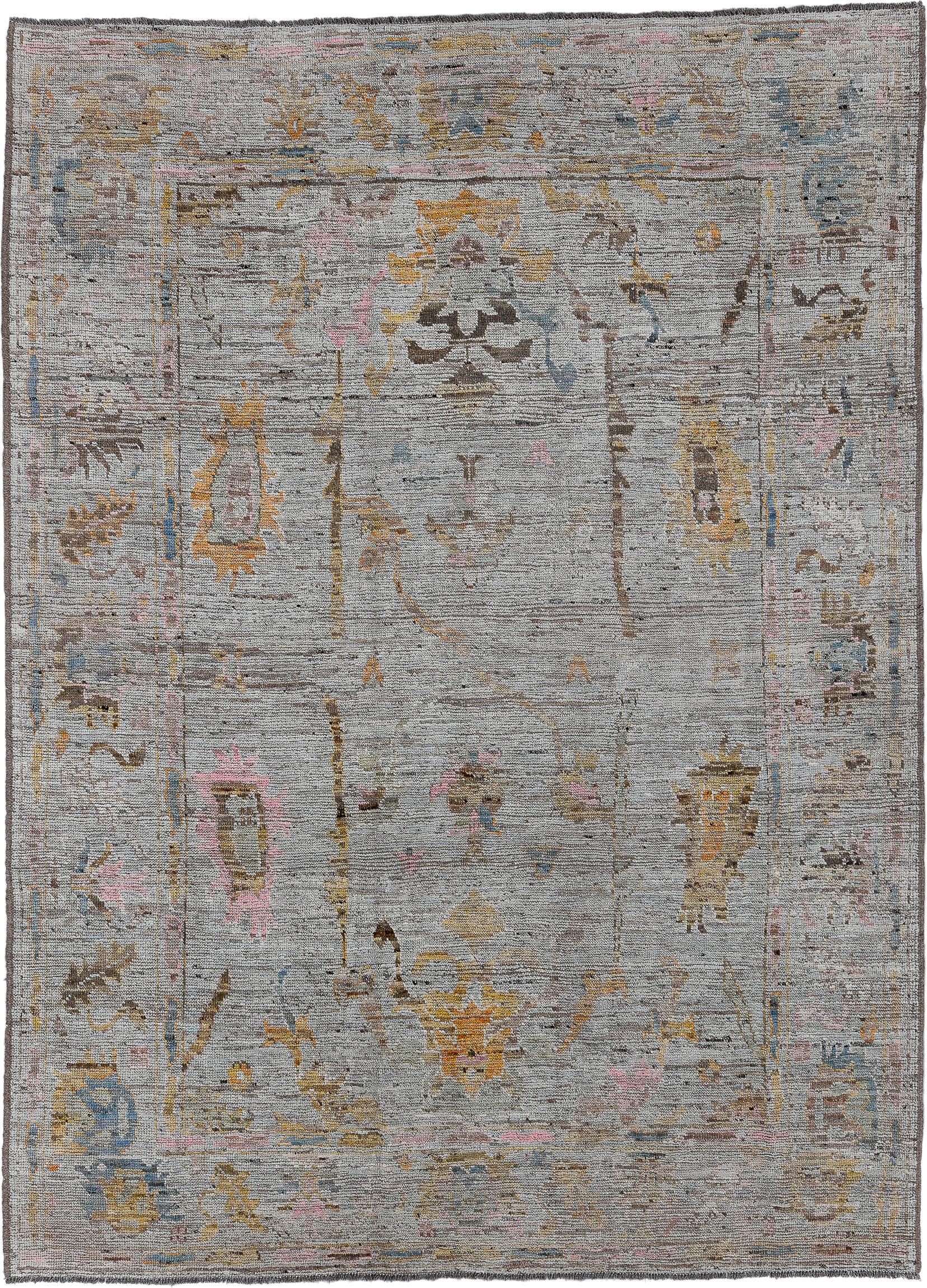 7' x 9' one-of-a-kind handmade vintage Oushak rug. Color palette: gray, taupe, gold, blush, blue, brown, ivory, beige, pink