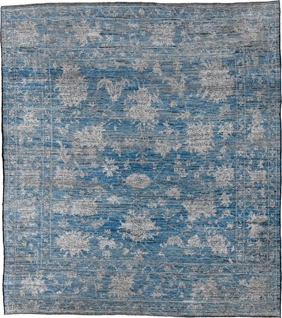 8' x 9' one-of-a-kind handmade vintage Oushak large size rug. Color palette: sky blue, ivory, slate, silver, charcoal