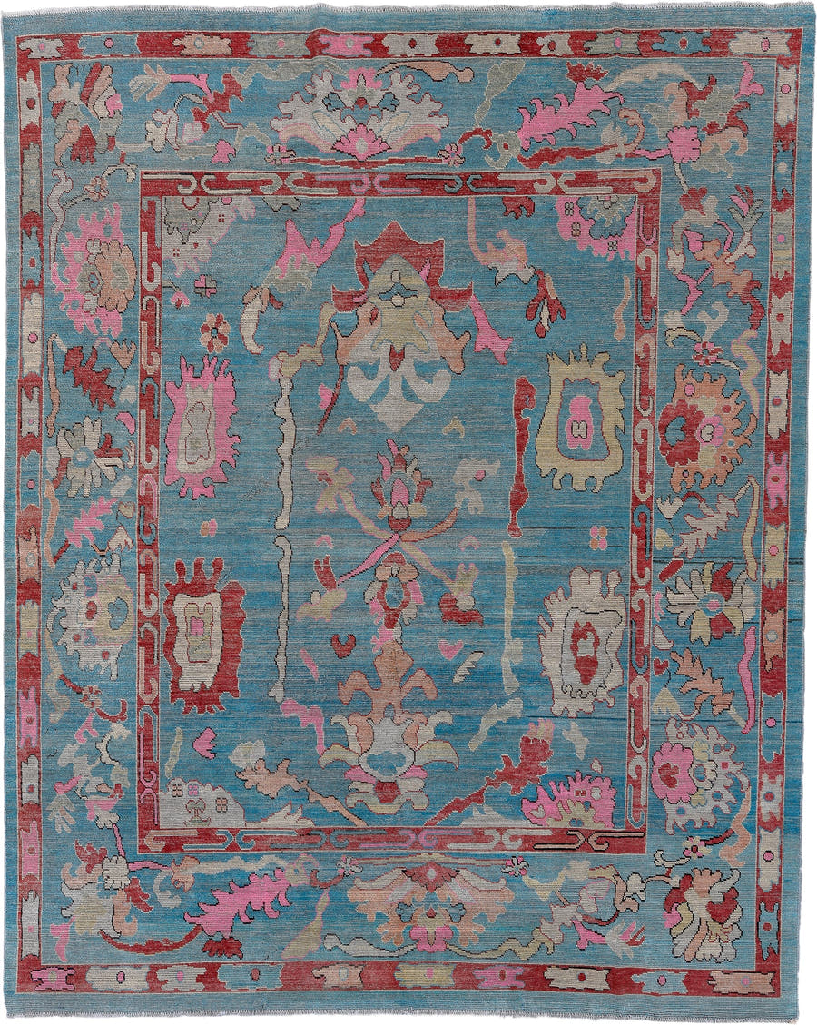 7' x 9' one-of-a-kind handmade vintage Oushak large size rug. Color palette: sky blue, rose, ivory, rust, taupe, cream