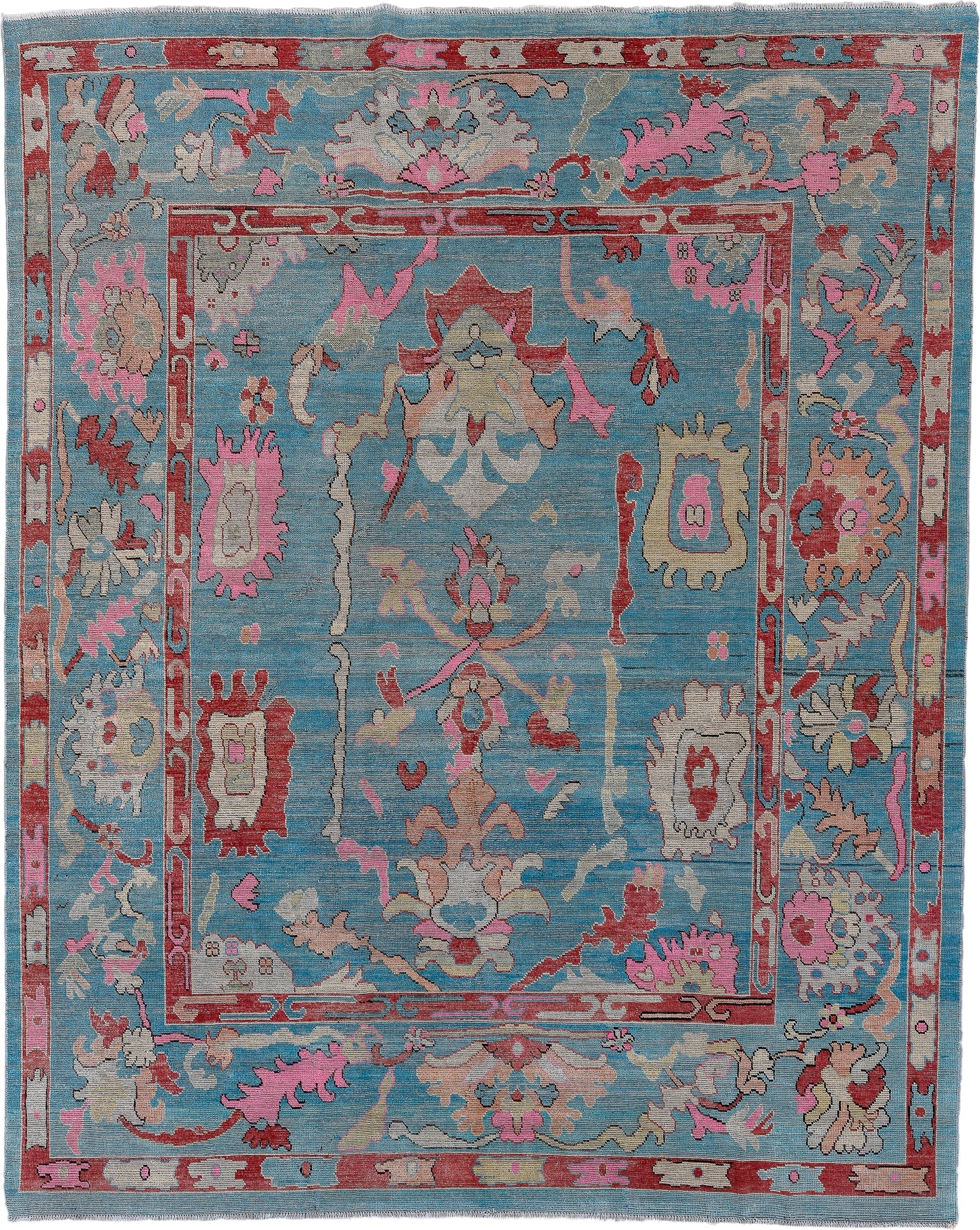 7' x 9' one-of-a-kind handmade vintage Oushak large size rug. Color palette: sky blue, rose, ivory, rust, taupe, cream