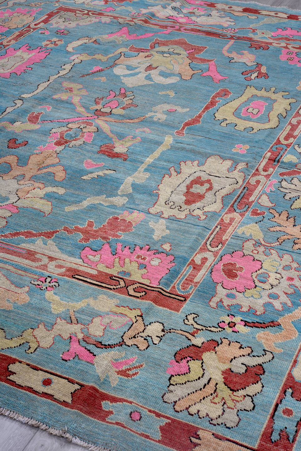 7' x 9' one-of-a-kind handmade vintage Oushak large size rug. Color palette: sky blue, rose, ivory, rust, taupe, cream