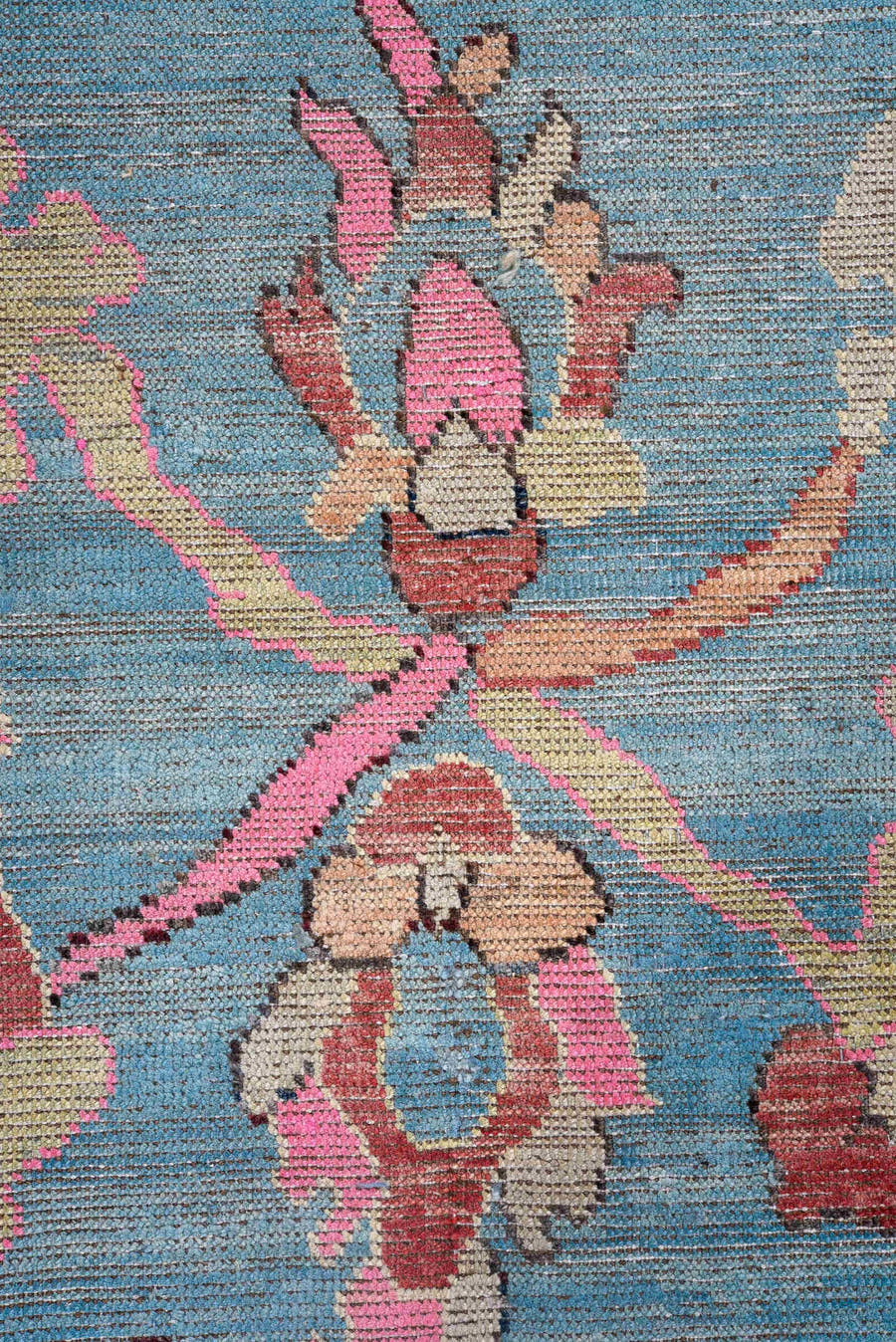 7' x 9' one-of-a-kind handmade vintage Oushak large size rug. Color palette: sky blue, rose, ivory, rust, taupe, cream