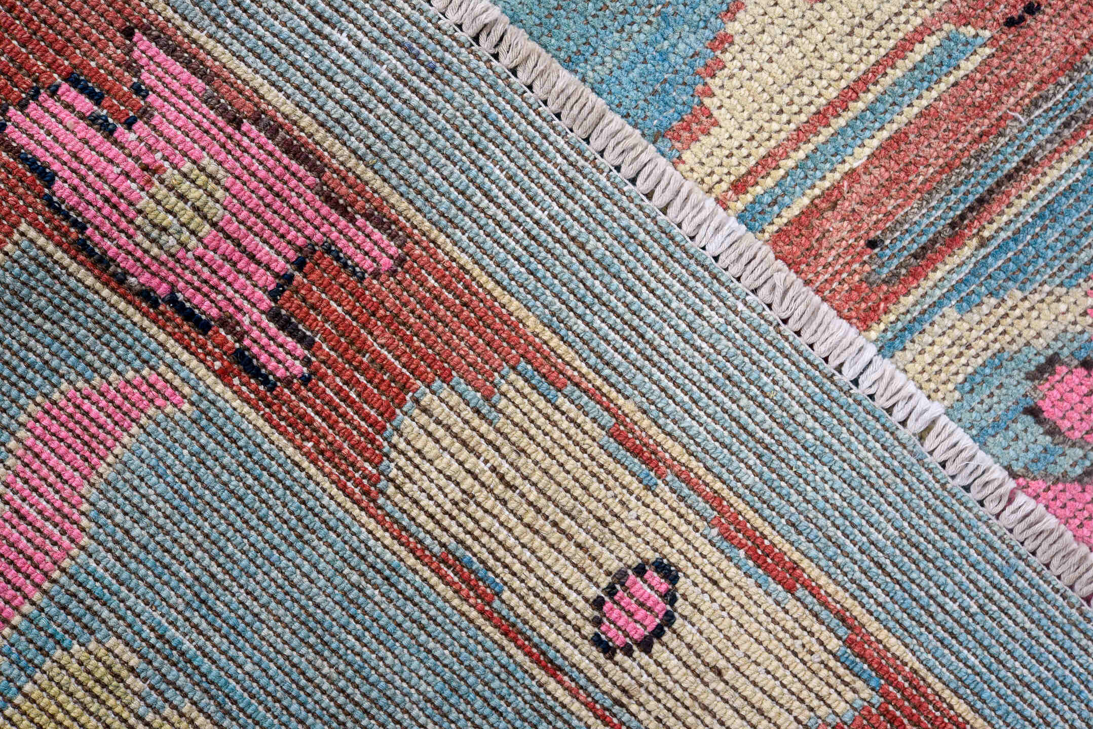 7' x 9' one-of-a-kind handmade vintage Oushak large size rug. Color palette: sky blue, rose, ivory, rust, taupe, cream