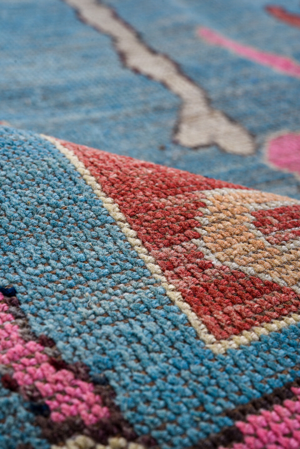 7' x 9' one-of-a-kind handmade vintage Oushak large size rug. Color palette: sky blue, rose, ivory, rust, taupe, cream