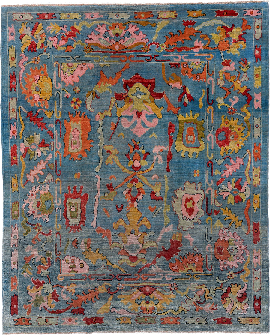 8' x 9' one-of-a-kind handmade vintage Oushak large size rug. Color palette: sky blue, pink, coral, gold, red, ivory, sage