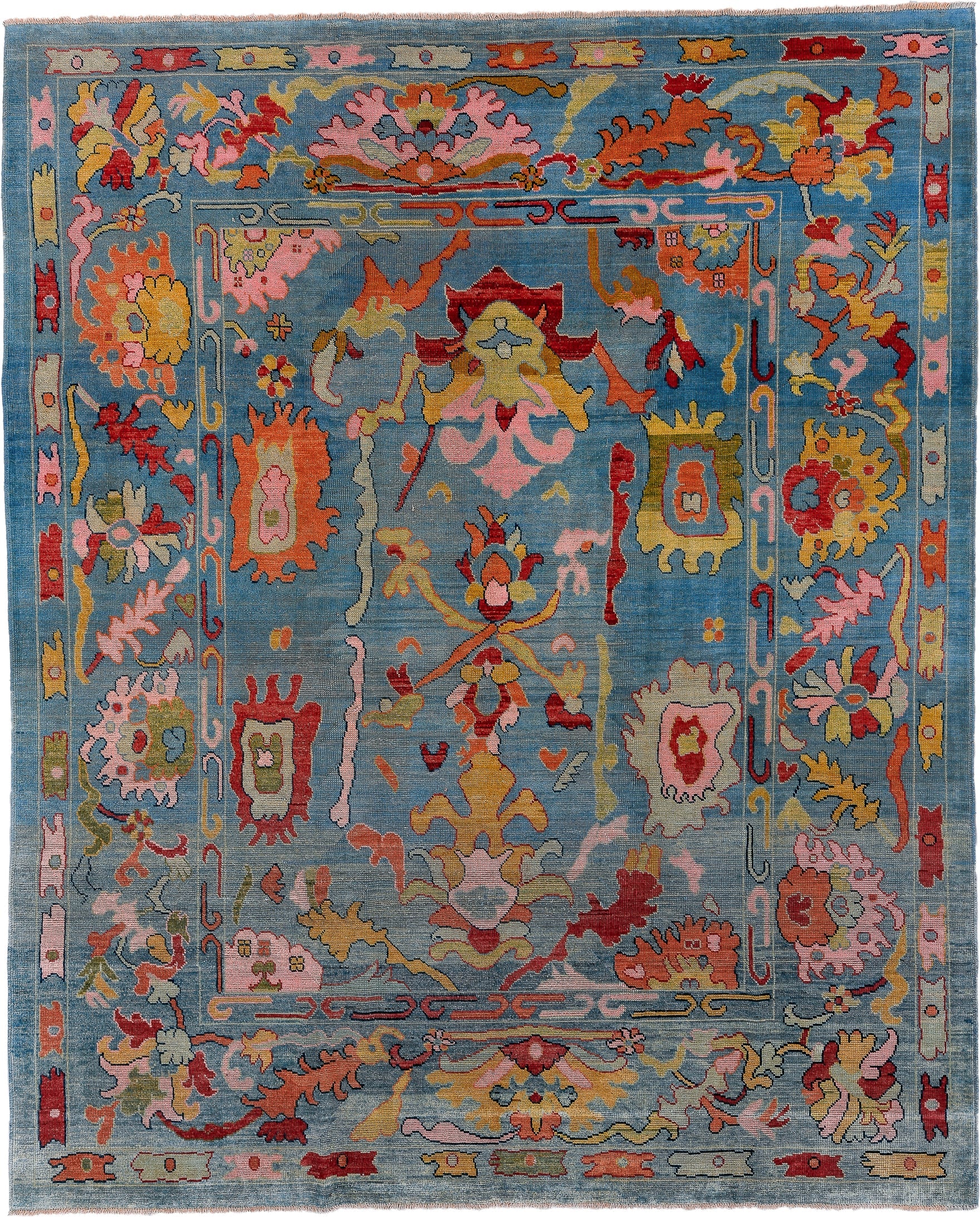 8' x 9' one-of-a-kind handmade vintage Oushak large size rug. Color palette: sky blue, pink, coral, gold, red, ivory, sage