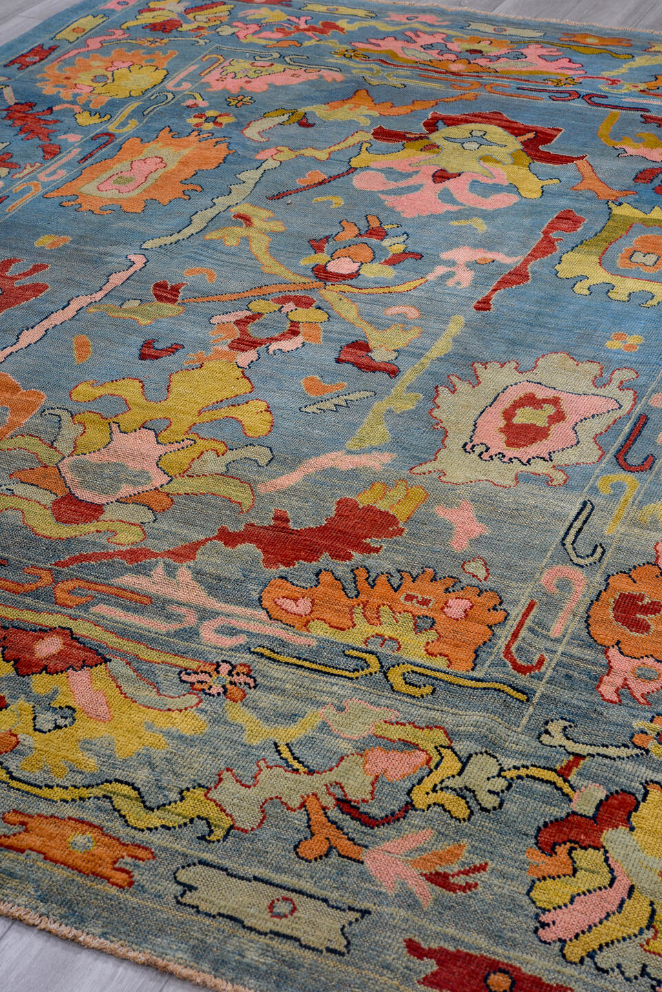 8' x 9' one-of-a-kind handmade vintage Oushak large size rug. Color palette: sky blue, pink, coral, gold, red, ivory, sage