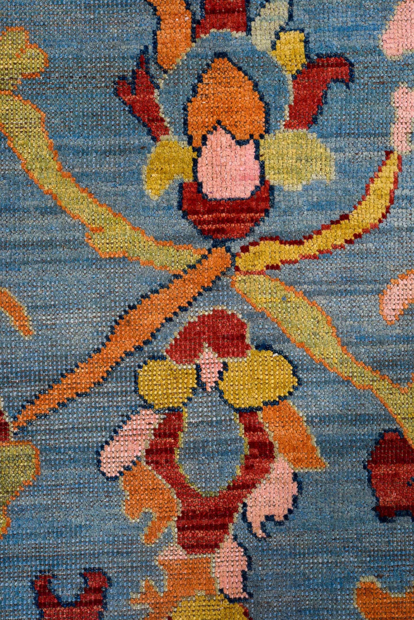 8' x 9' one-of-a-kind handmade vintage Oushak large size rug. Color palette: sky blue, pink, coral, gold, red, ivory, sage