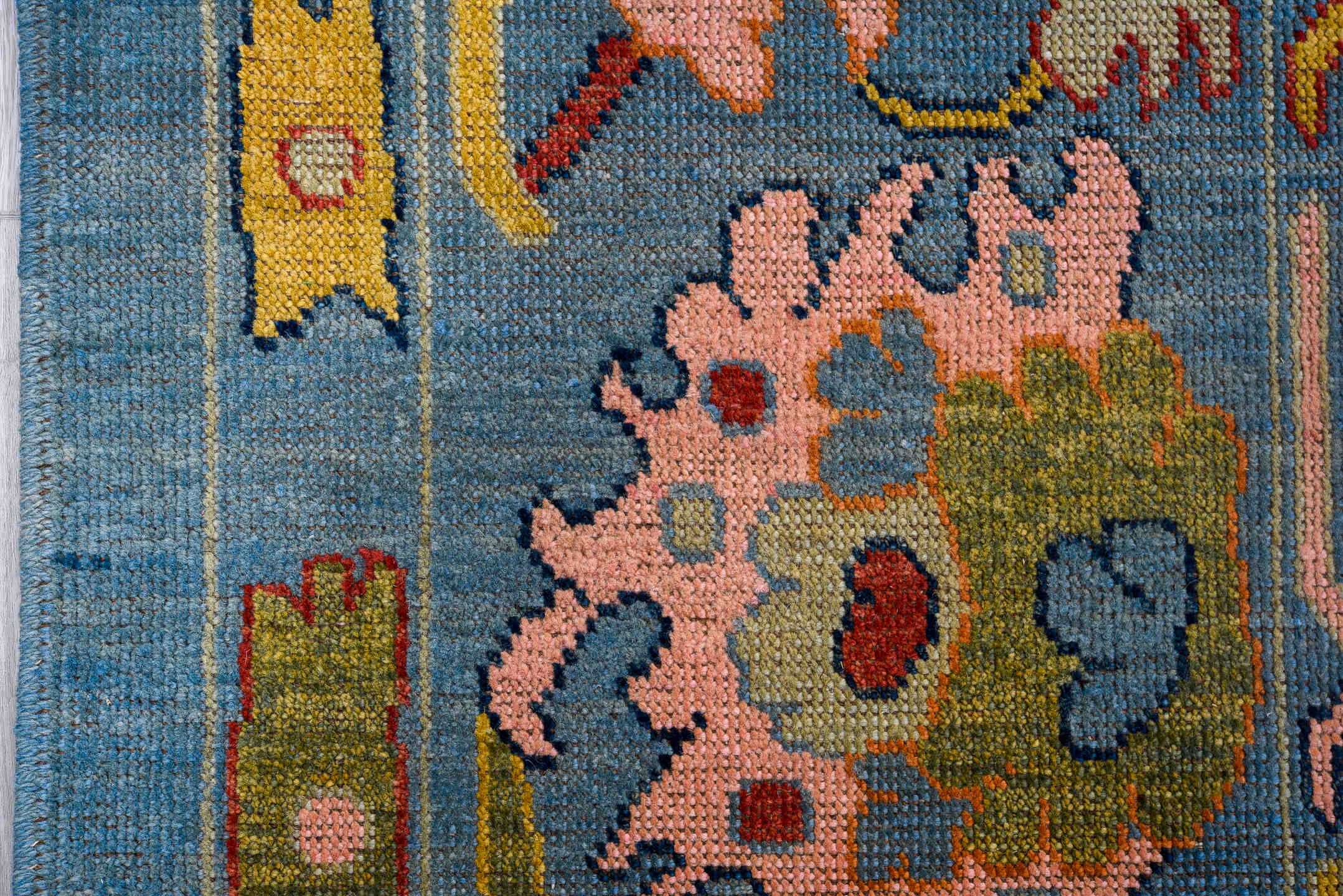 8' x 9' one-of-a-kind handmade vintage Oushak large size rug. Color palette: sky blue, pink, coral, gold, red, ivory, sage