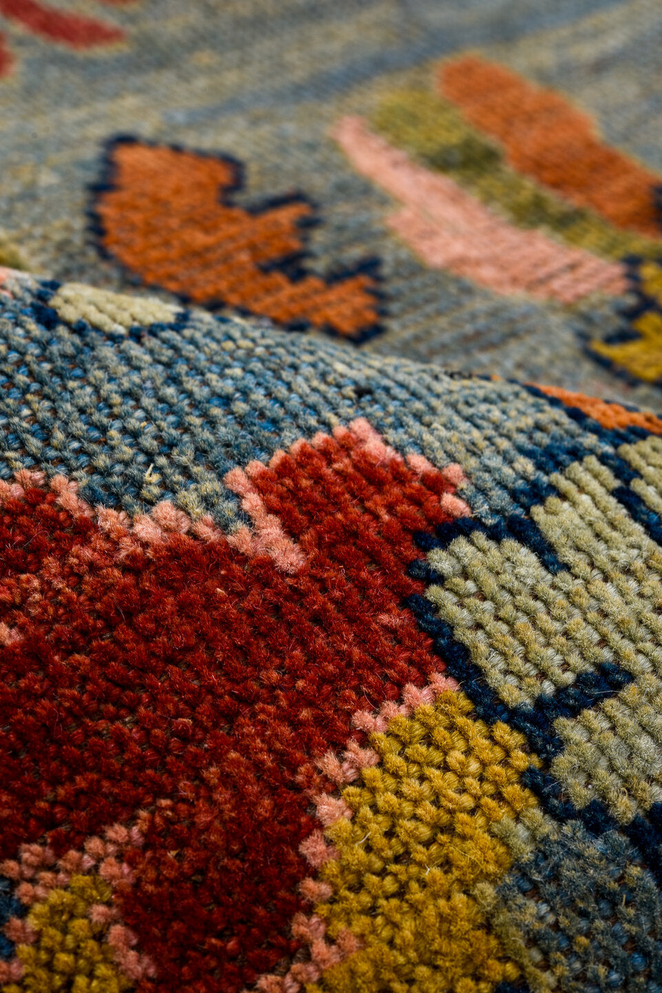 8' x 9' one-of-a-kind handmade vintage Oushak large size rug. Color palette: sky blue, pink, coral, gold, red, ivory, sage
