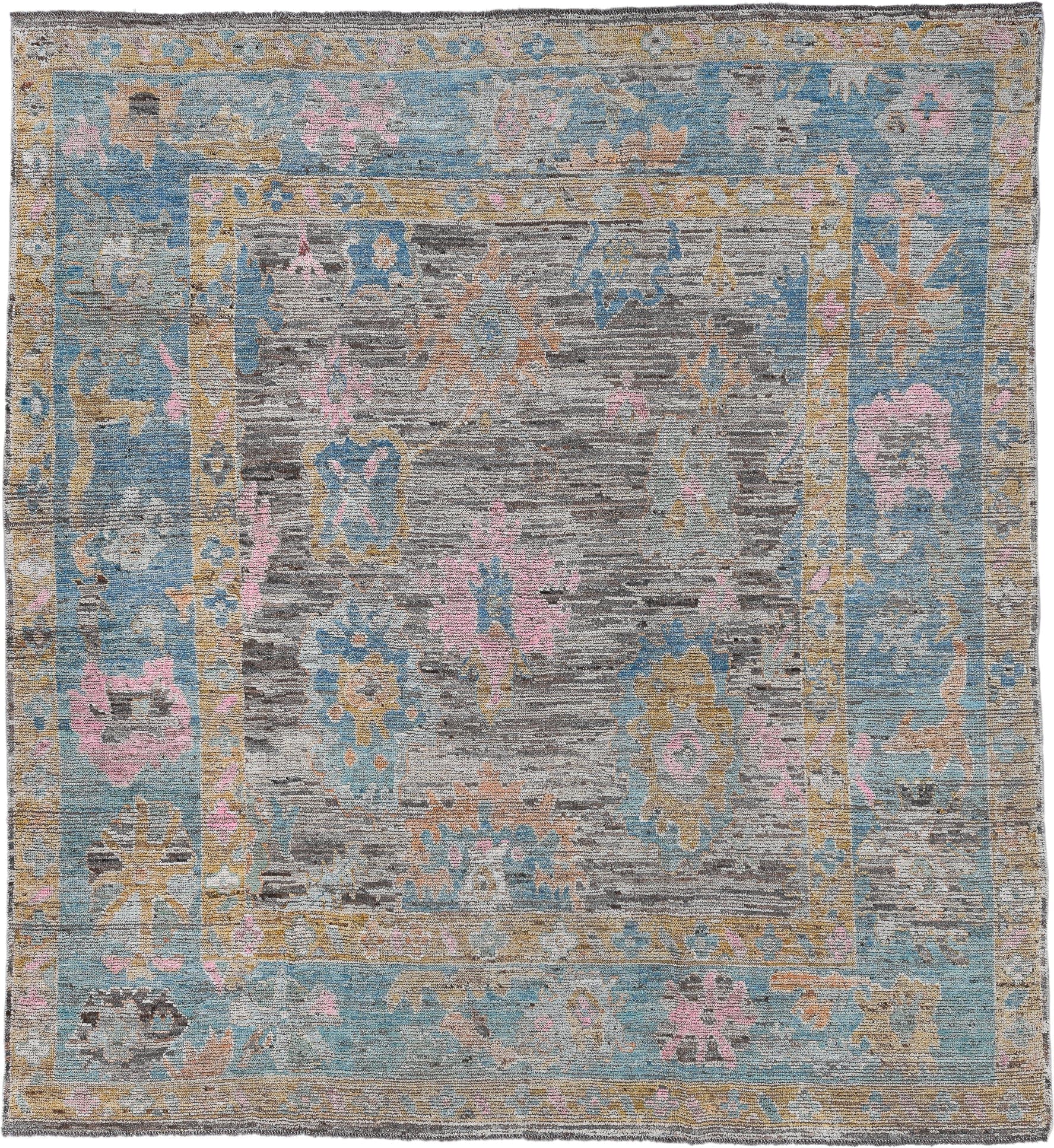 8' x 9' one-of-a-kind handmade vintage Oushak large size rug. Color palette: gray, sky blue, gold, pink, ivory, taupe