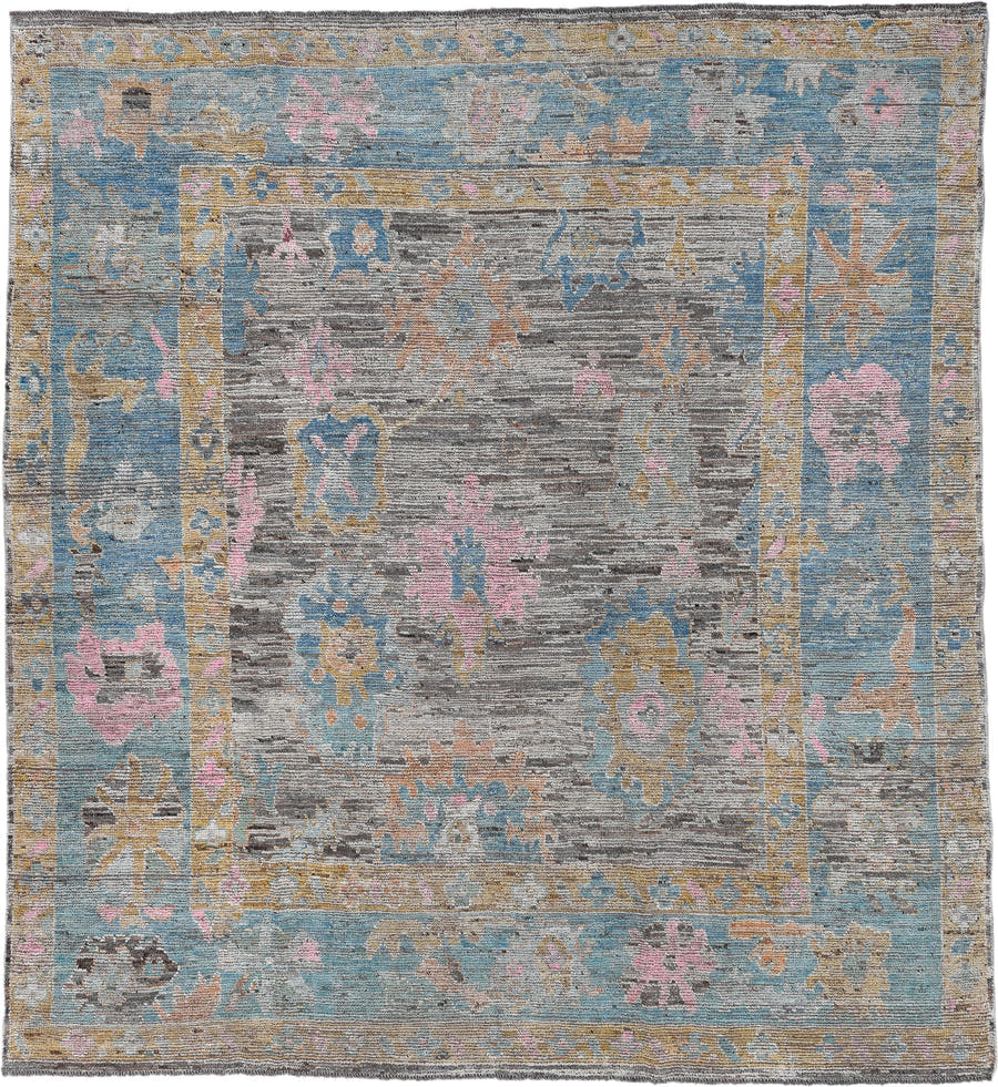 8' x 9' one-of-a-kind handmade vintage Oushak large size rug. Color palette: gray, sky blue, gold, pink, ivory, taupe