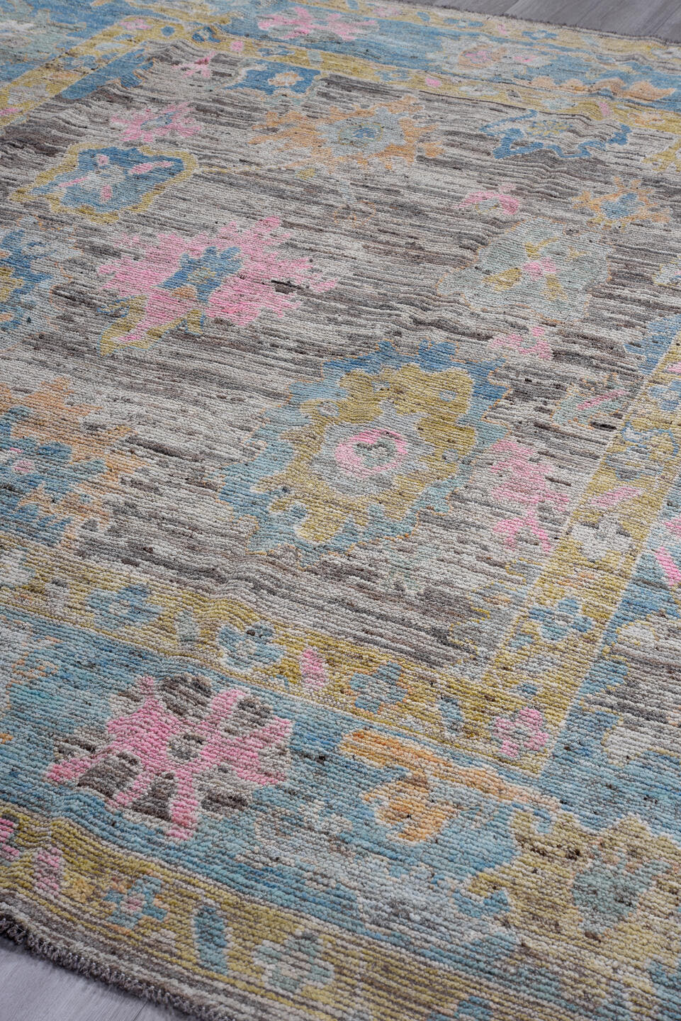 8' x 9' one-of-a-kind handmade vintage Oushak large size rug. Color palette: gray, sky blue, gold, pink, ivory, taupe