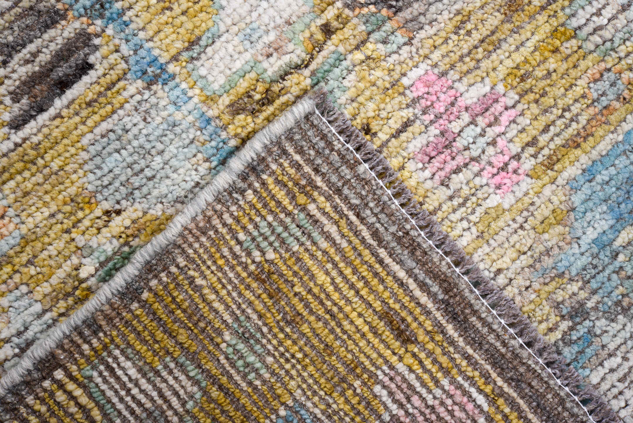 8' x 9' one-of-a-kind handmade vintage Oushak large size rug. Color palette: gray, sky blue, gold, pink, ivory, taupe
