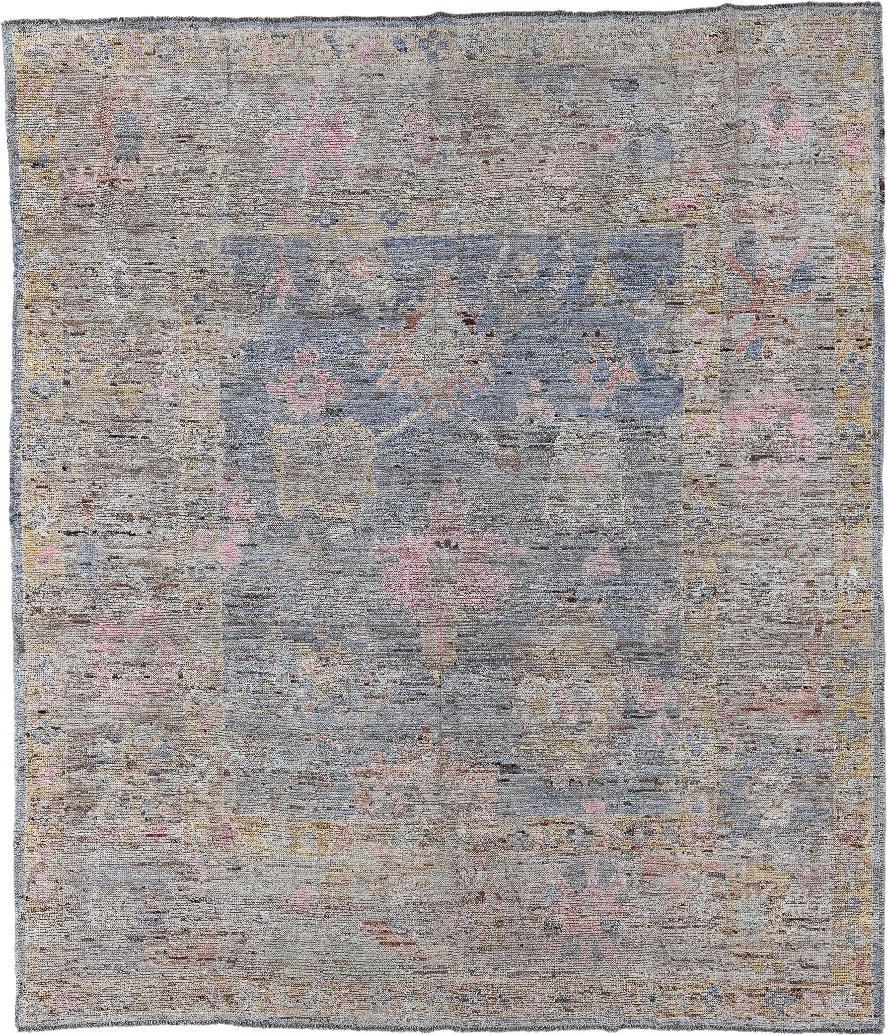 8' x 9' one-of-a-kind handmade vintage Oushak large size rug. Color palette: gray, slate blue, ivory, blush, taupe, gold