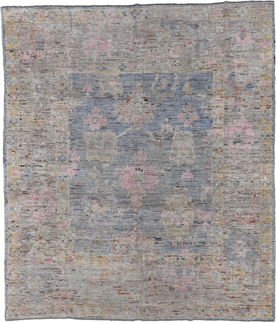 8' x 9' one-of-a-kind handmade vintage Oushak large size rug. Color palette: gray, slate blue, ivory, blush, taupe, gold
