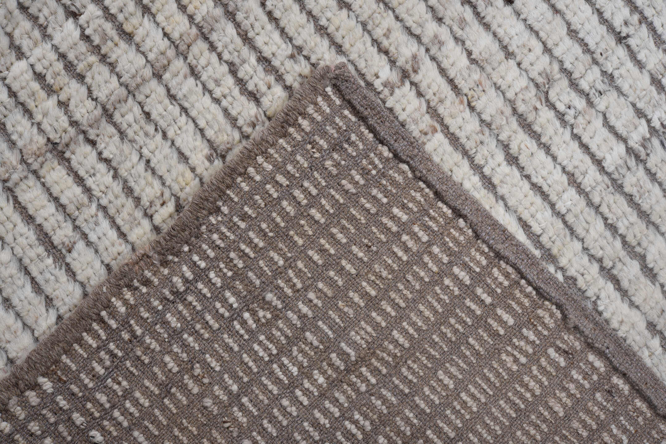 8' x 11' one-of-a-kind handmade vintage Tulu large size rug. Color palette: ivory, taupe, brown, gray, beige
