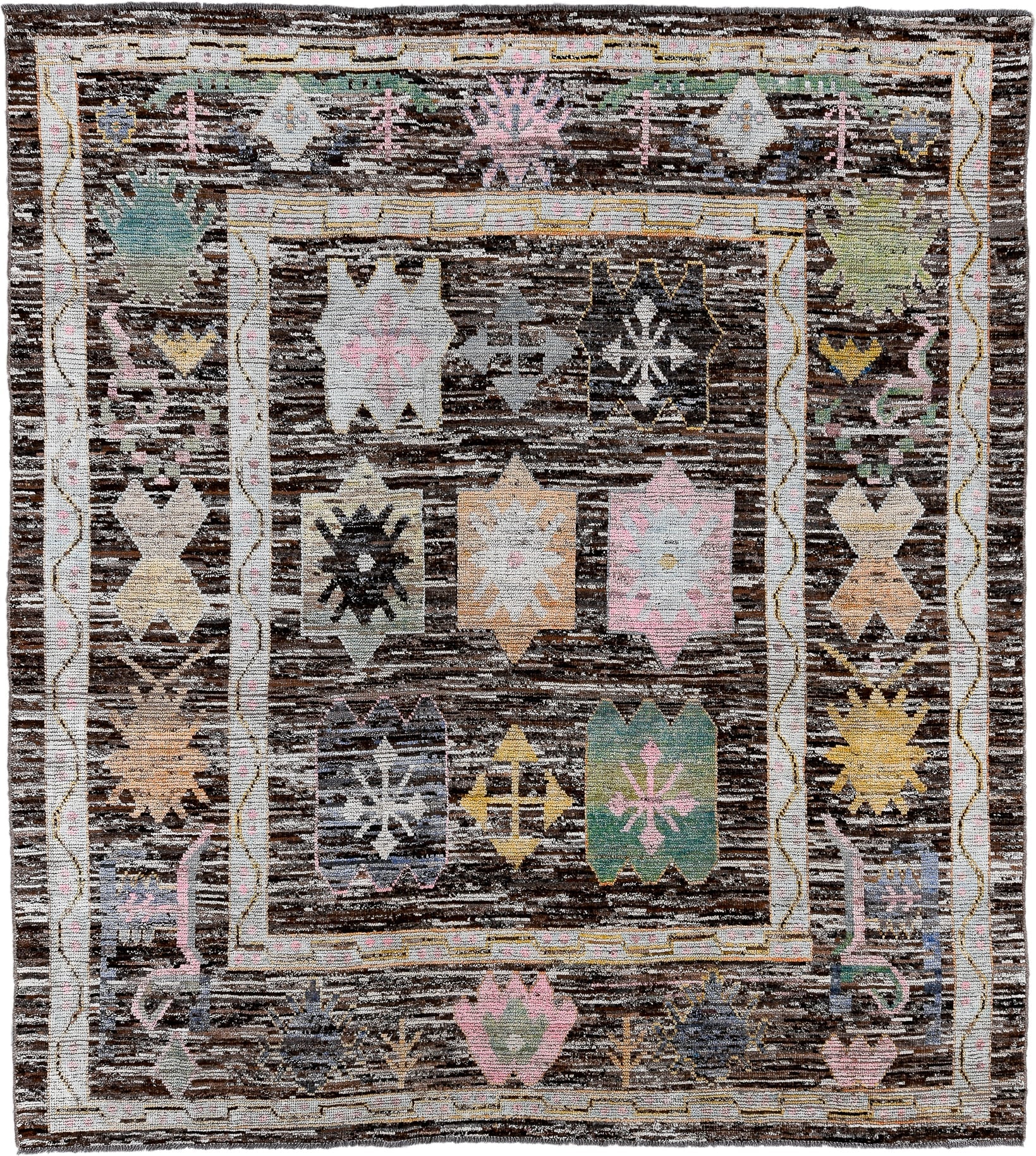 8' x 9' one-of-a-kind handmade vintage Oushak large size rug. Color palette: brown, ivory, sage, blush, slate, gold, taupe