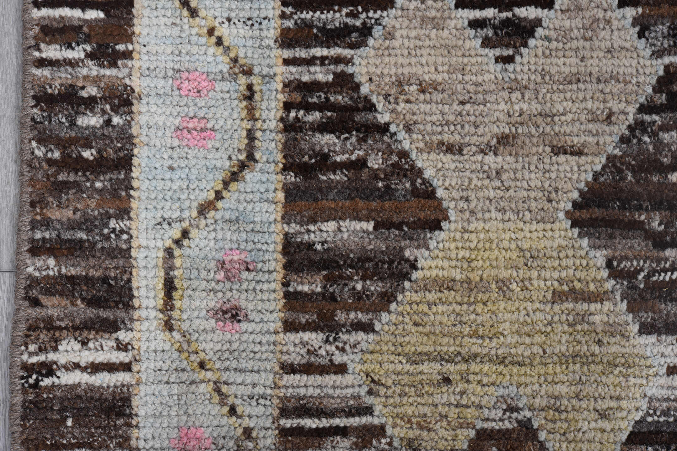 8' x 9' one-of-a-kind handmade vintage Oushak large size rug. Color palette: brown, ivory, sage, blush, slate, gold, taupe