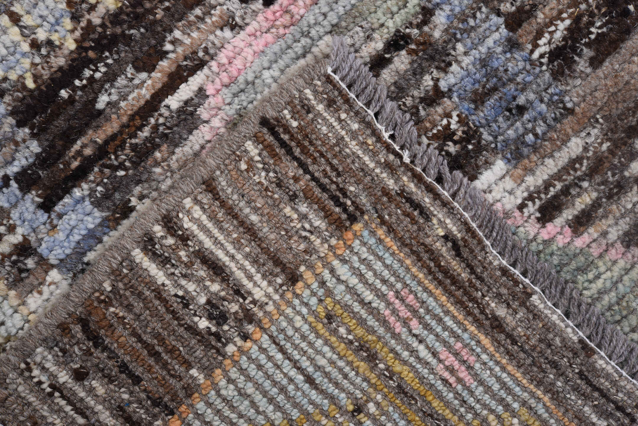8' x 9' one-of-a-kind handmade vintage Oushak large size rug. Color palette: brown, ivory, sage, blush, slate, gold, taupe