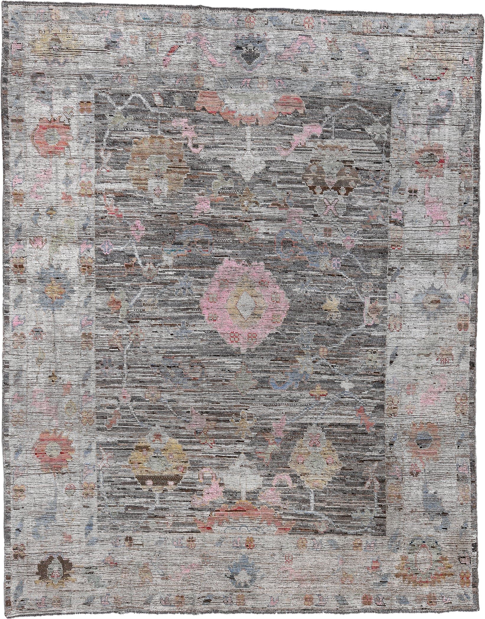 9' x 11' one-of-a-kind handmade vintage Oushak large size rug. Color palette: gray, ivory, pink, taupe, charcoal, sage, gold