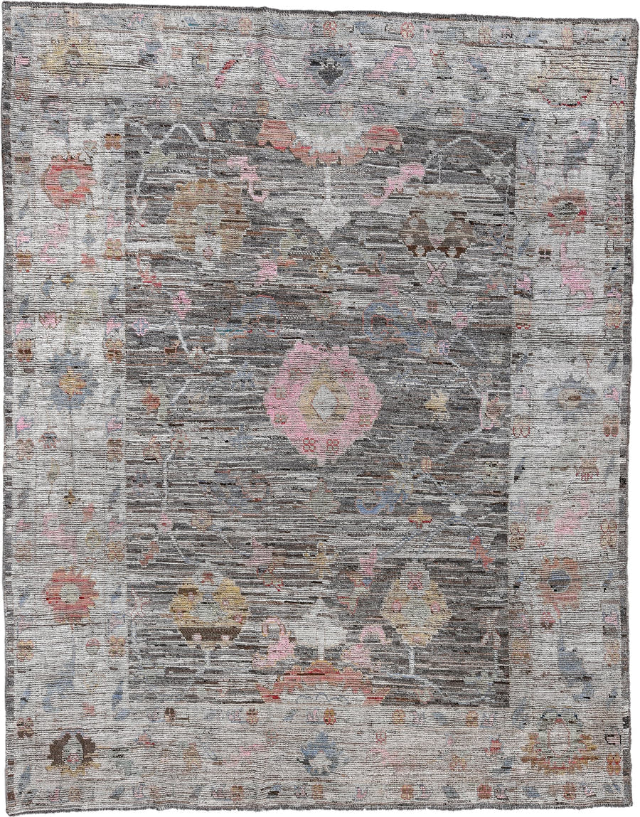 9' x 11' one-of-a-kind handmade vintage Oushak large size rug. Color palette: gray, ivory, pink, taupe, charcoal, sage, gold