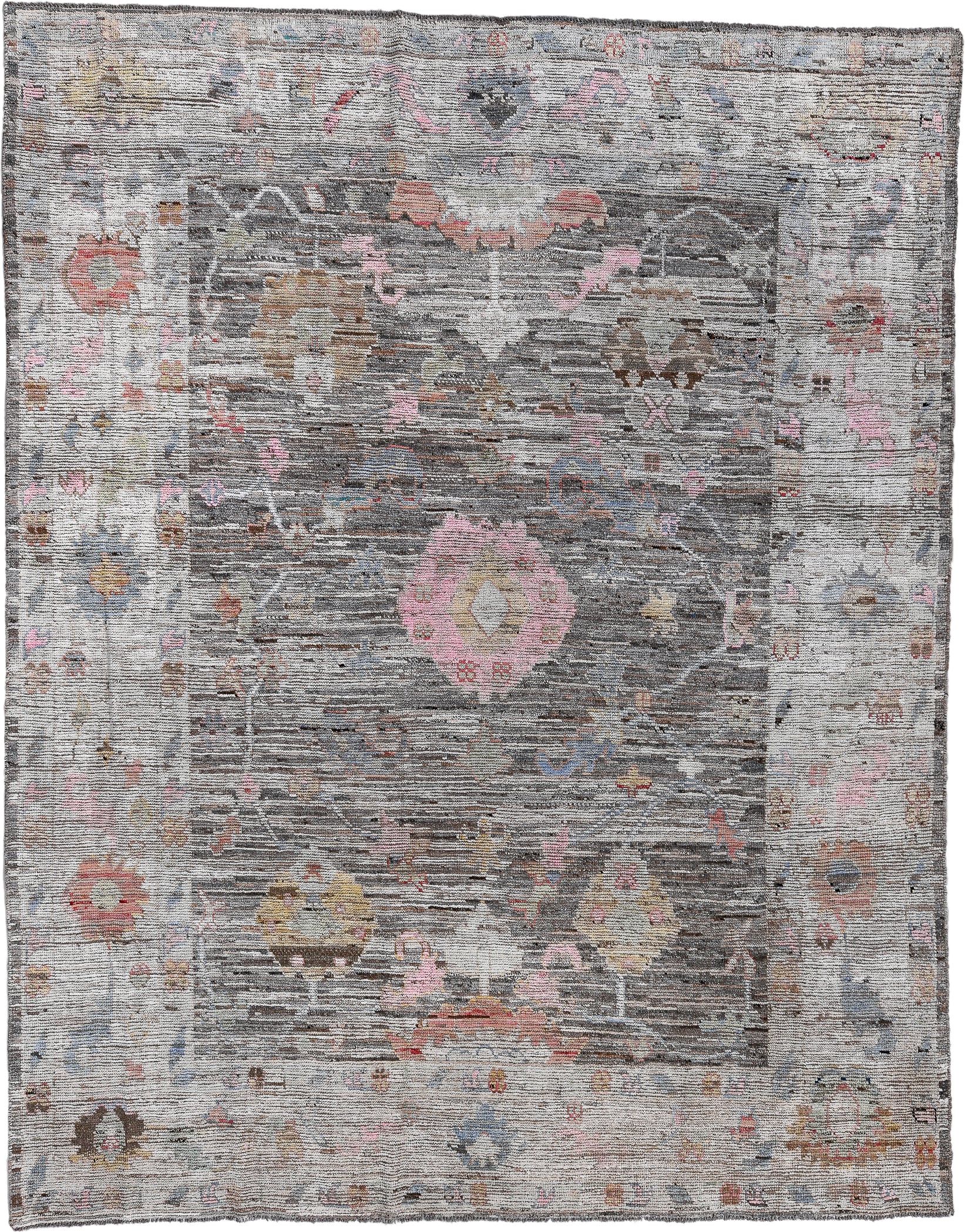 9' x 11' one-of-a-kind handmade vintage Oushak large size rug. Color palette: gray, ivory, pink, taupe, charcoal, sage, gold
