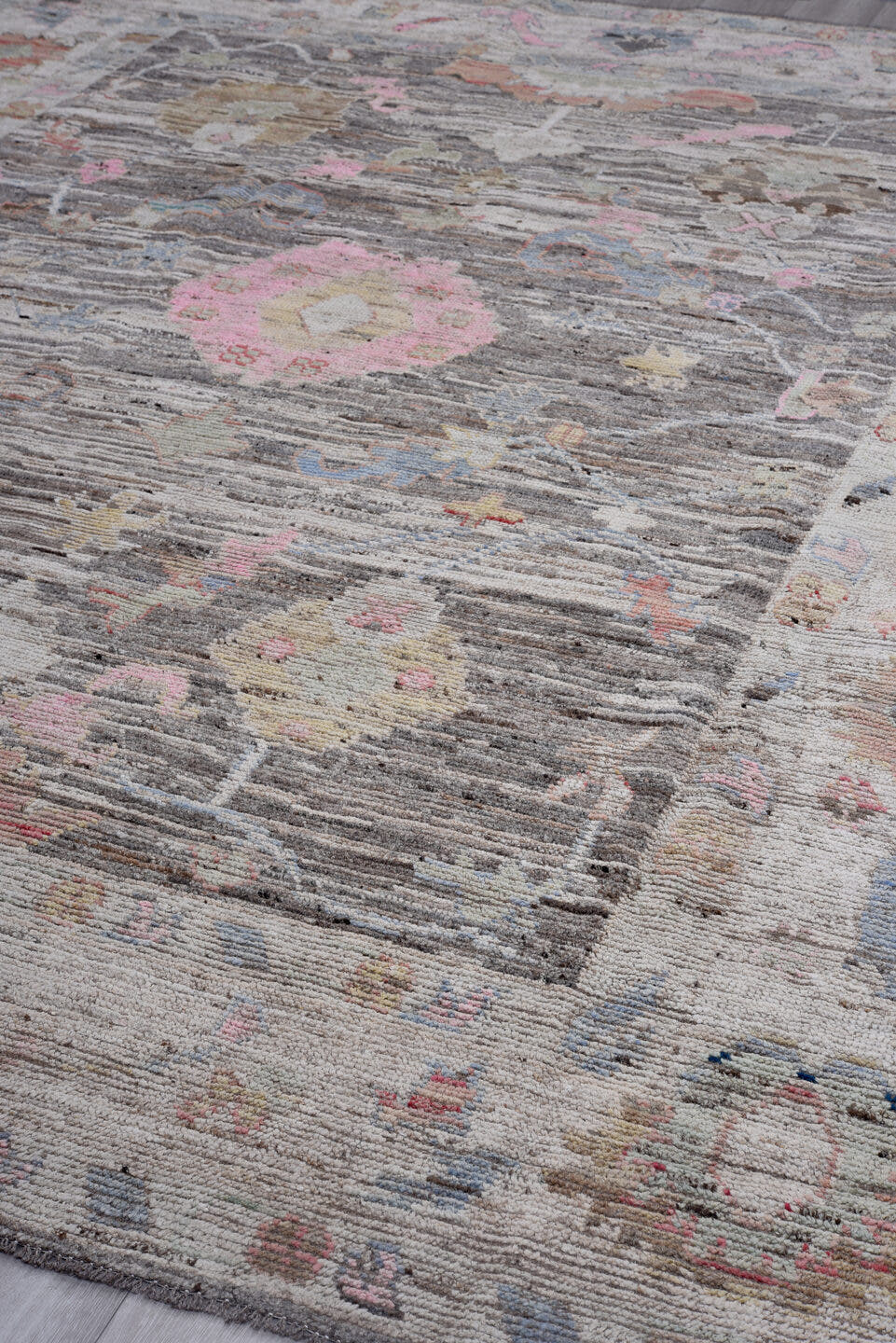 9' x 11' one-of-a-kind handmade vintage Oushak large size rug. Color palette: gray, ivory, pink, taupe, charcoal, sage, gold