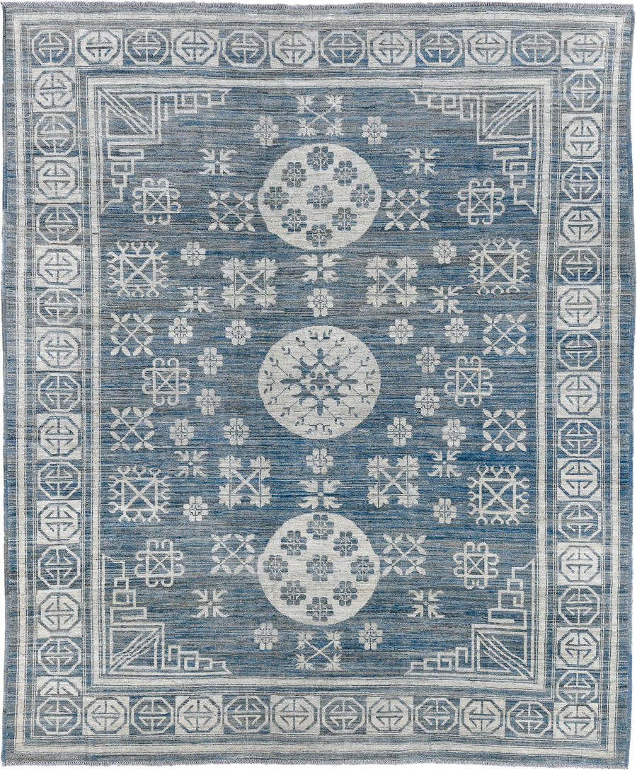 8' x 9' one-of-a-kind handmade vintage Oushak large size rug. Color palette: blue, ivory, slate, cream, gray