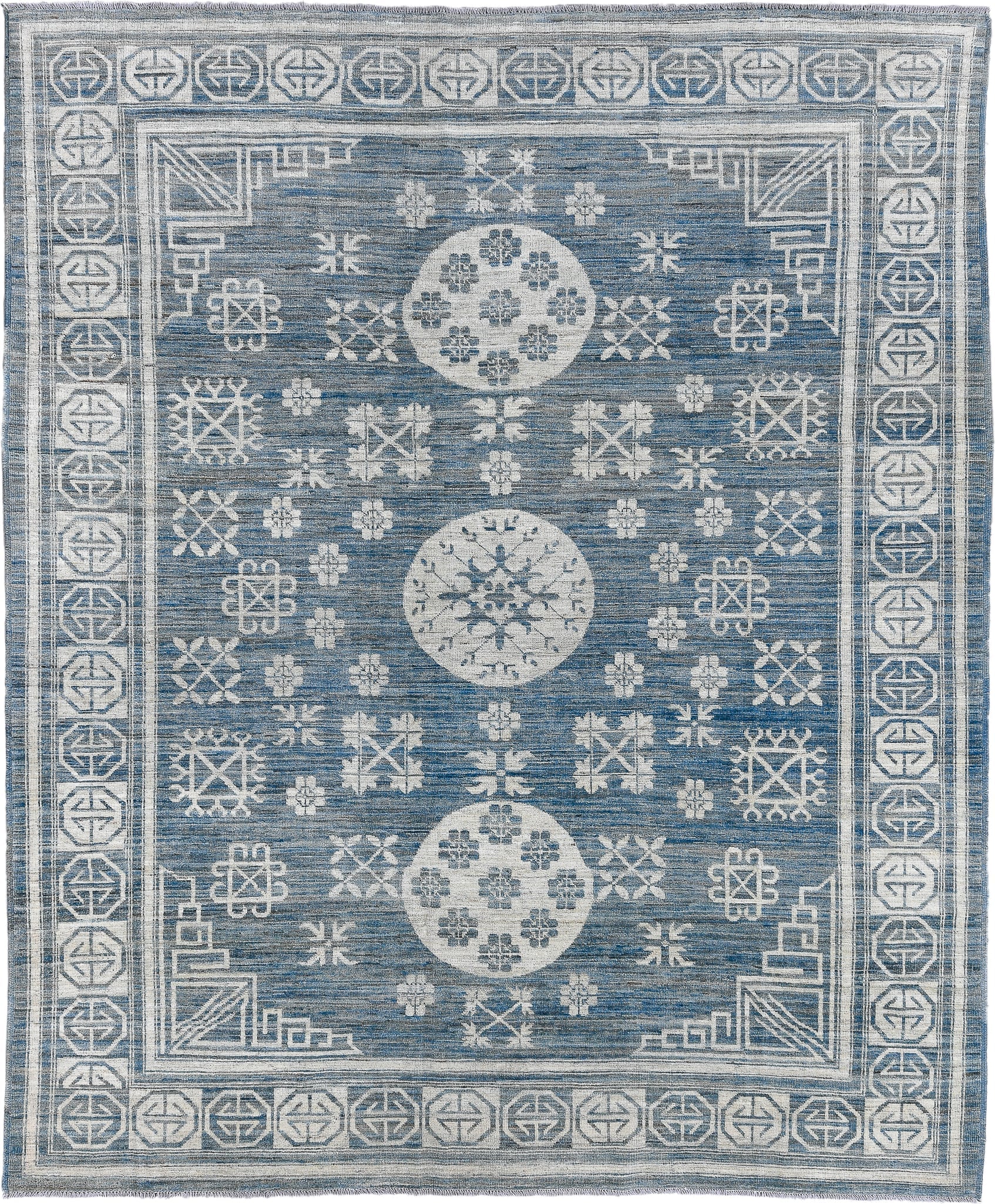 8' x 9' one-of-a-kind handmade vintage Oushak large size rug. Color palette: blue, ivory, slate, cream, gray