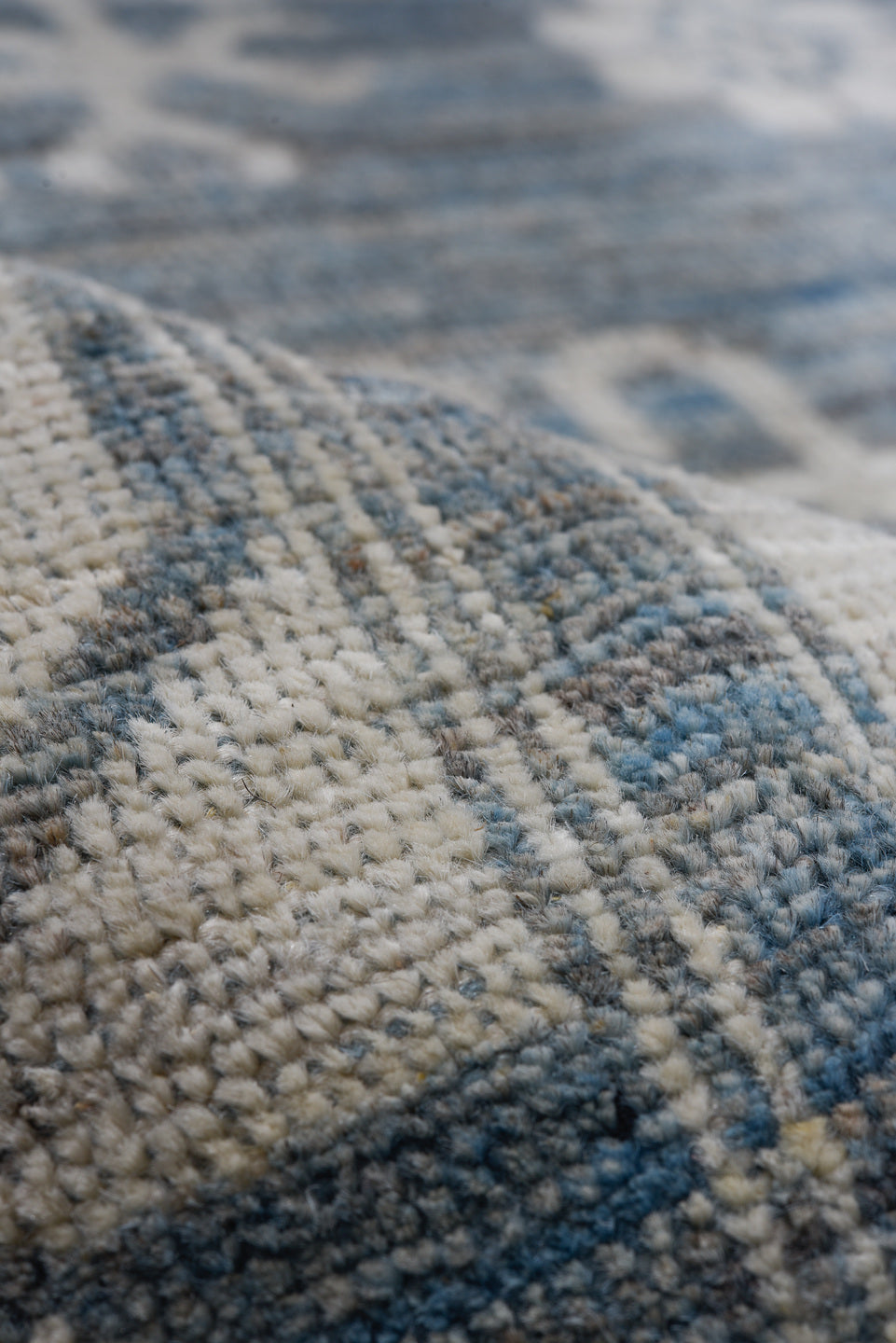 8' x 9' one-of-a-kind handmade vintage Oushak large size rug. Color palette: blue, ivory, slate, cream, gray