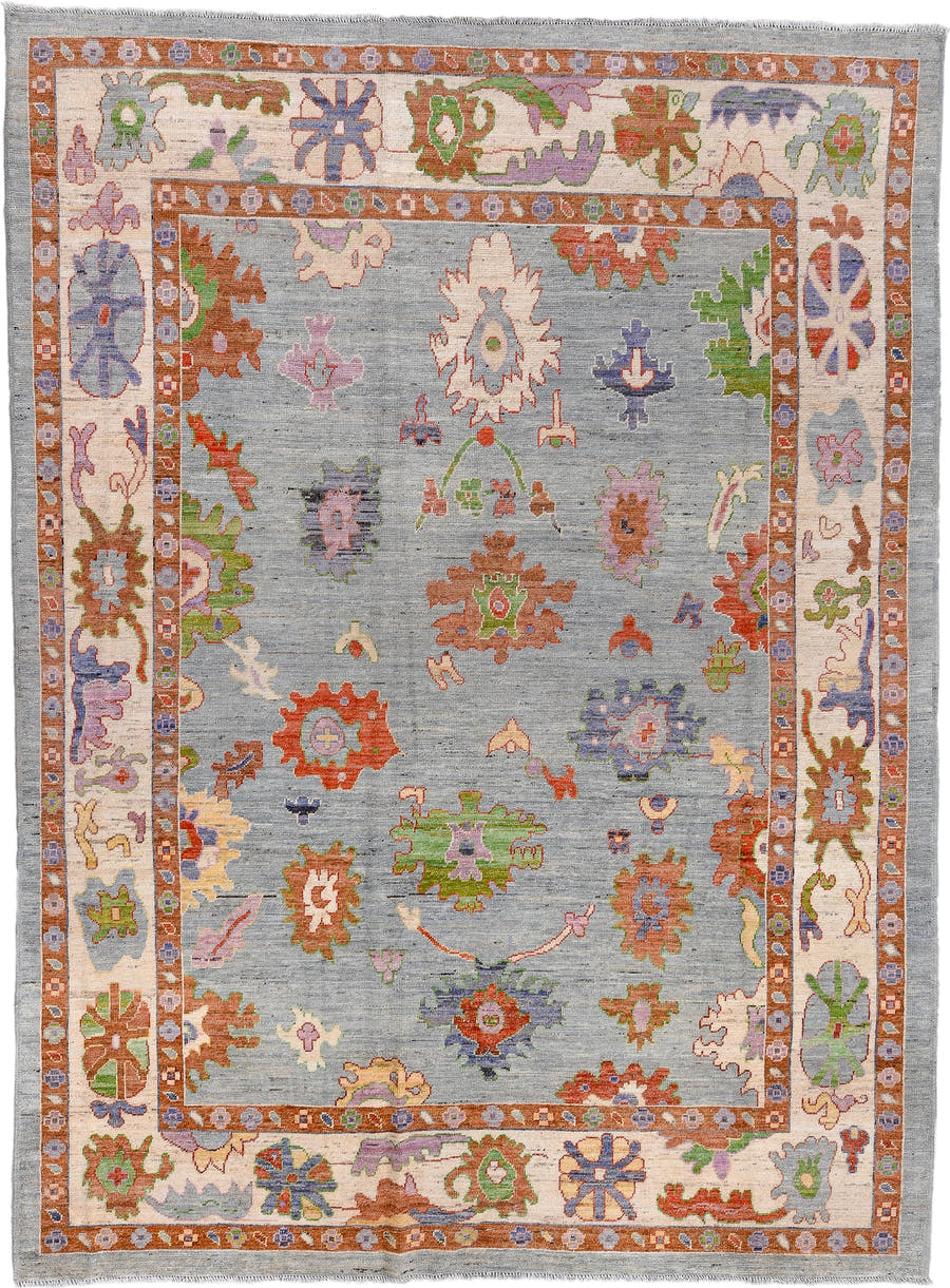 8' x 12' one-of-a-kind handmade vintage Oushak large size rug. Color palette: pale blue, ivory, rust, sage, lavender, coral