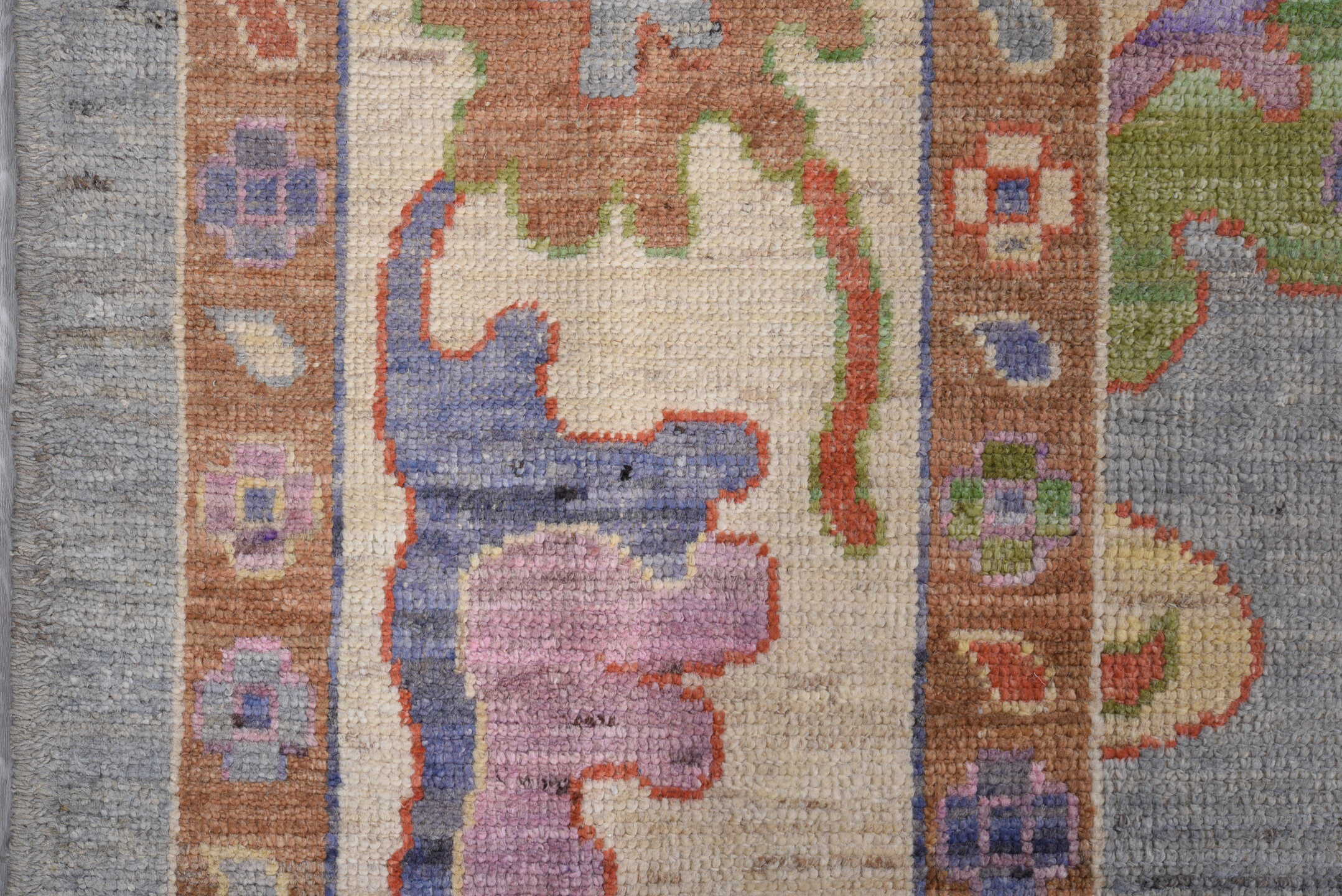 8' x 12' one-of-a-kind handmade vintage Oushak large size rug. Color palette: pale blue, ivory, rust, sage, lavender, coral