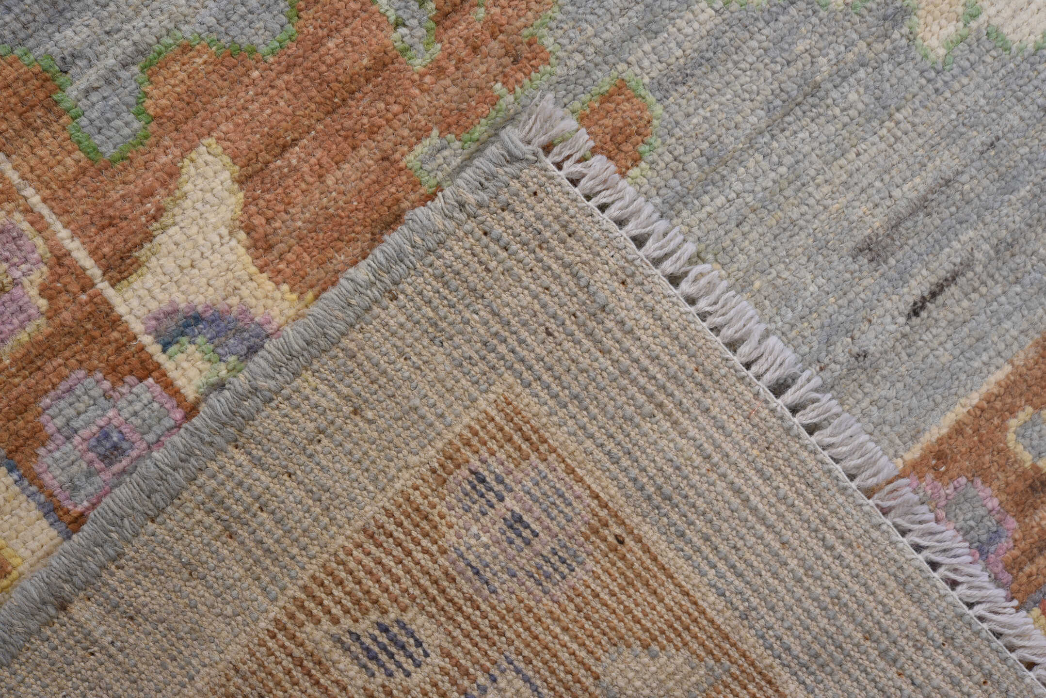 8' x 12' one-of-a-kind handmade vintage Oushak large size rug. Color palette: pale blue, ivory, rust, sage, lavender, coral