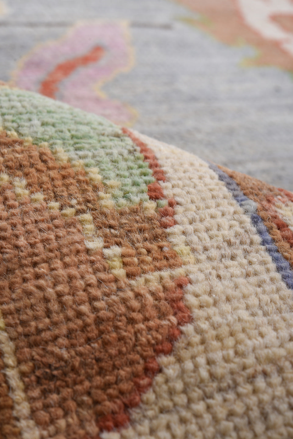 8' x 12' one-of-a-kind handmade vintage Oushak large size rug. Color palette: pale blue, ivory, rust, sage, lavender, coral