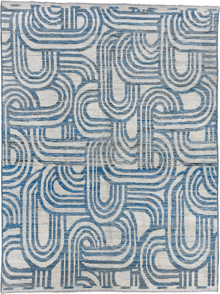 7' x 9' one-of-a-kind handmade vintage Tulu large size rug. Color palette: ivory, sky blue, slate, cream, light blue, gray