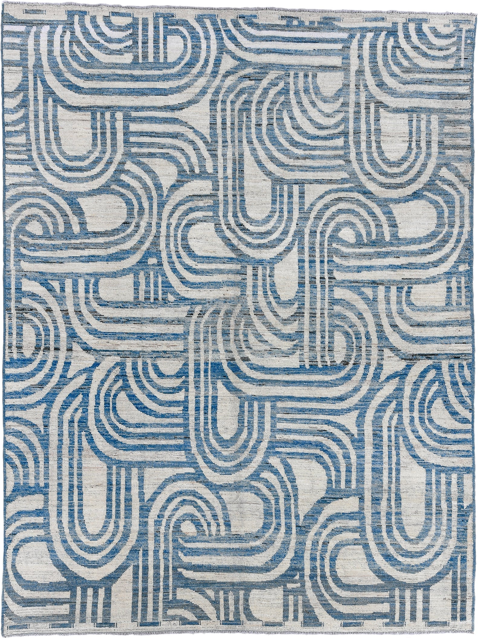 7' x 9' one-of-a-kind handmade vintage Tulu large size rug. Color palette: ivory, sky blue, slate, cream, light blue, gray