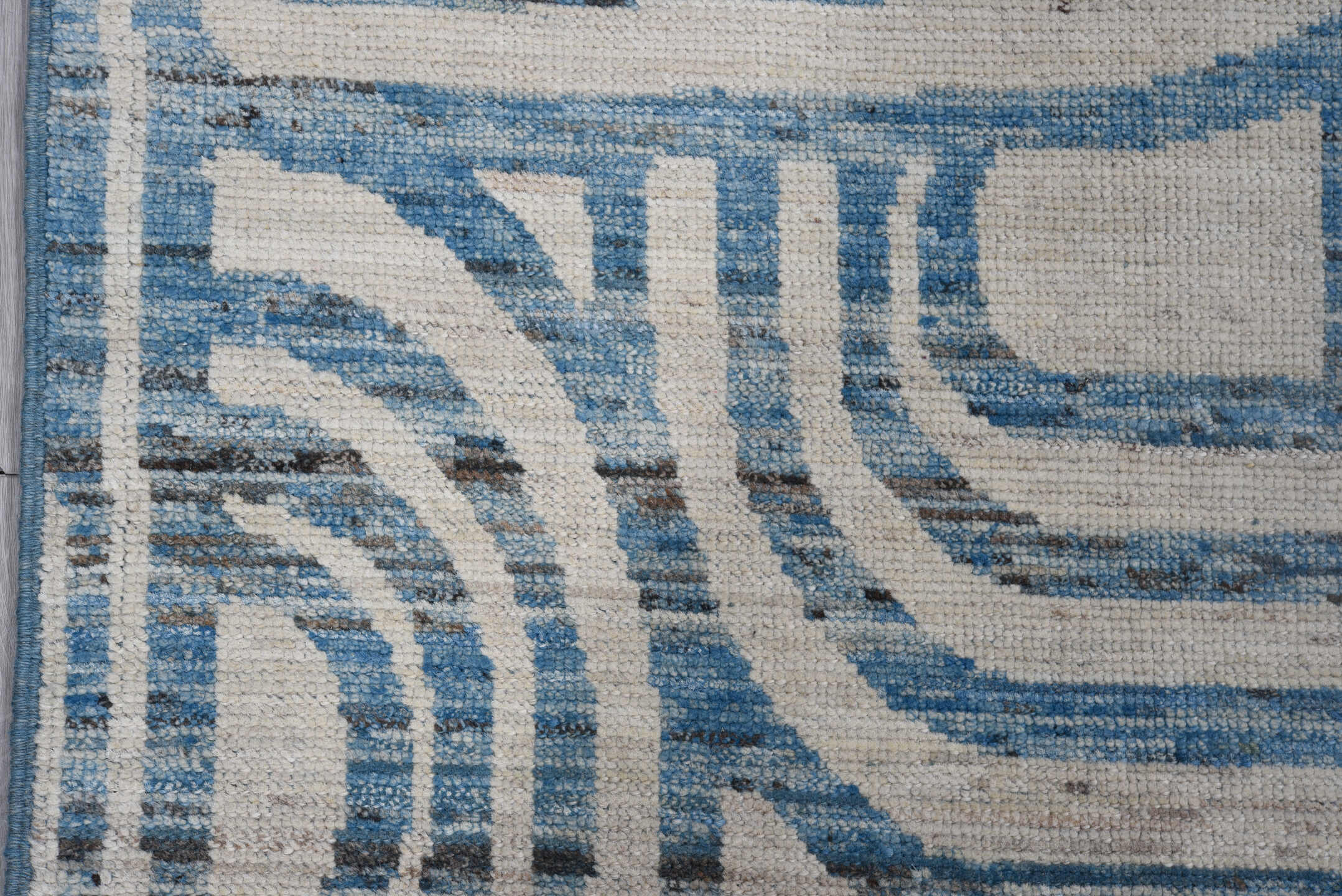 7' x 9' one-of-a-kind handmade vintage Tulu large size rug. Color palette: ivory, sky blue, slate, cream, light blue, gray