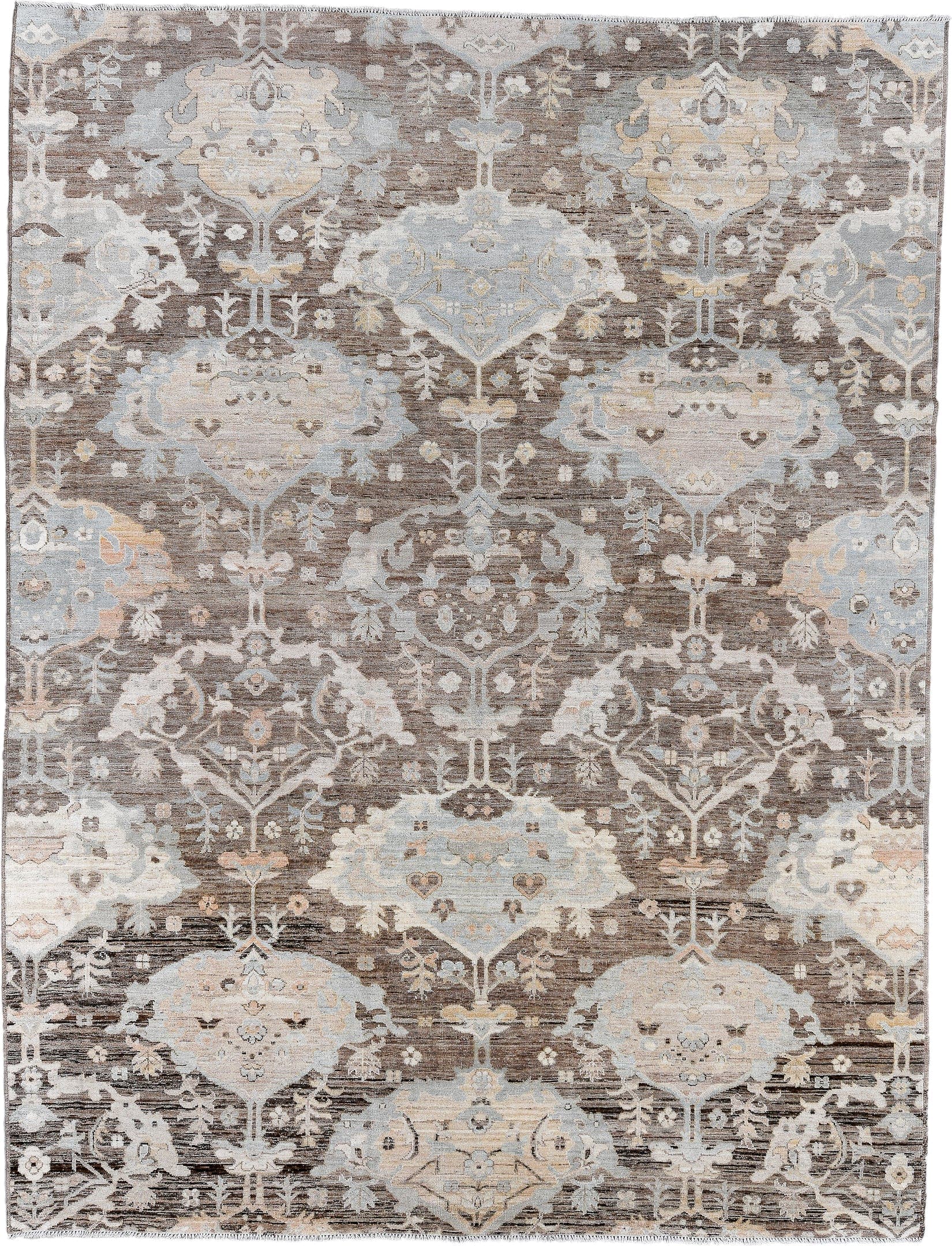 9' x 12' one-of-a-kind handmade vintage Oushak large size rug. Color palette: taupe, ivory, pale blue, brown, cream, gold