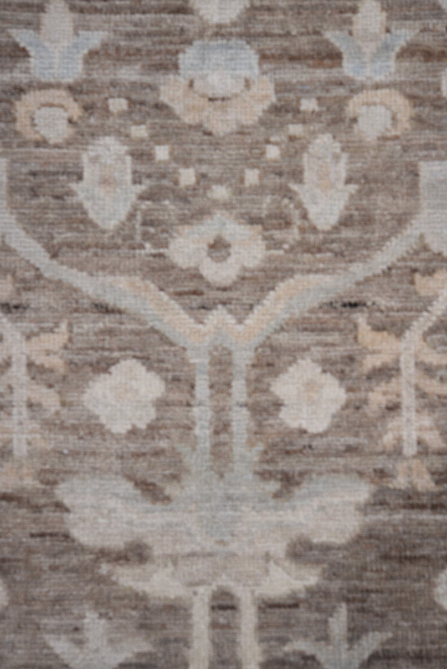9' x 12' one-of-a-kind handmade vintage Oushak large size rug. Color palette: taupe, ivory, pale blue, brown, cream, gold