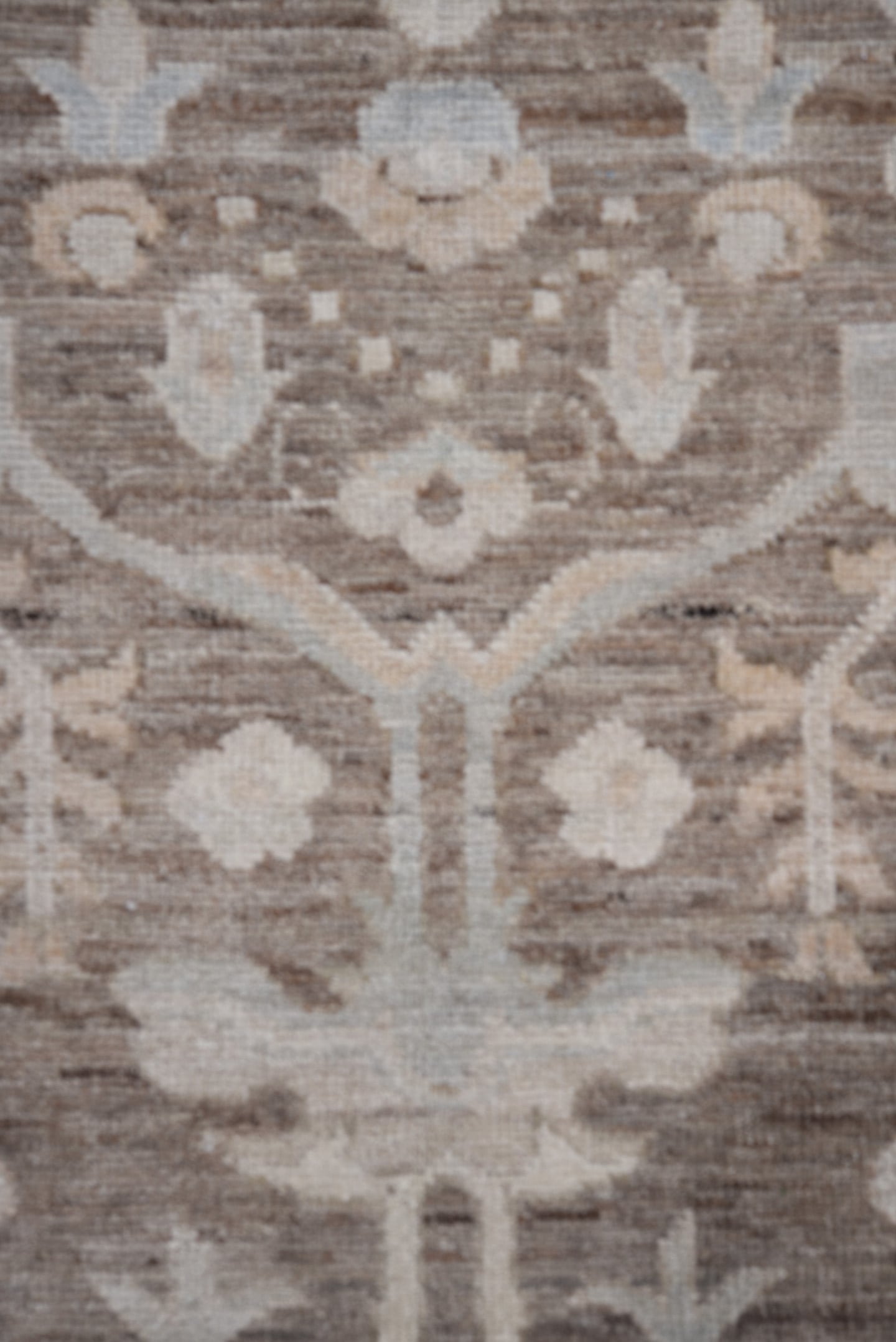 9' x 12' one-of-a-kind handmade vintage Oushak large size rug. Color palette: taupe, ivory, pale blue, brown, cream, gold